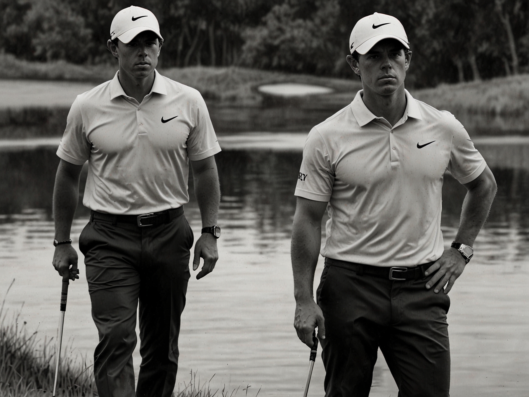 Rory McIlroy looks dejected while standing near the water hazard, with his caddy by his side, reflecting the critical mistakes that cost him the US Open title.