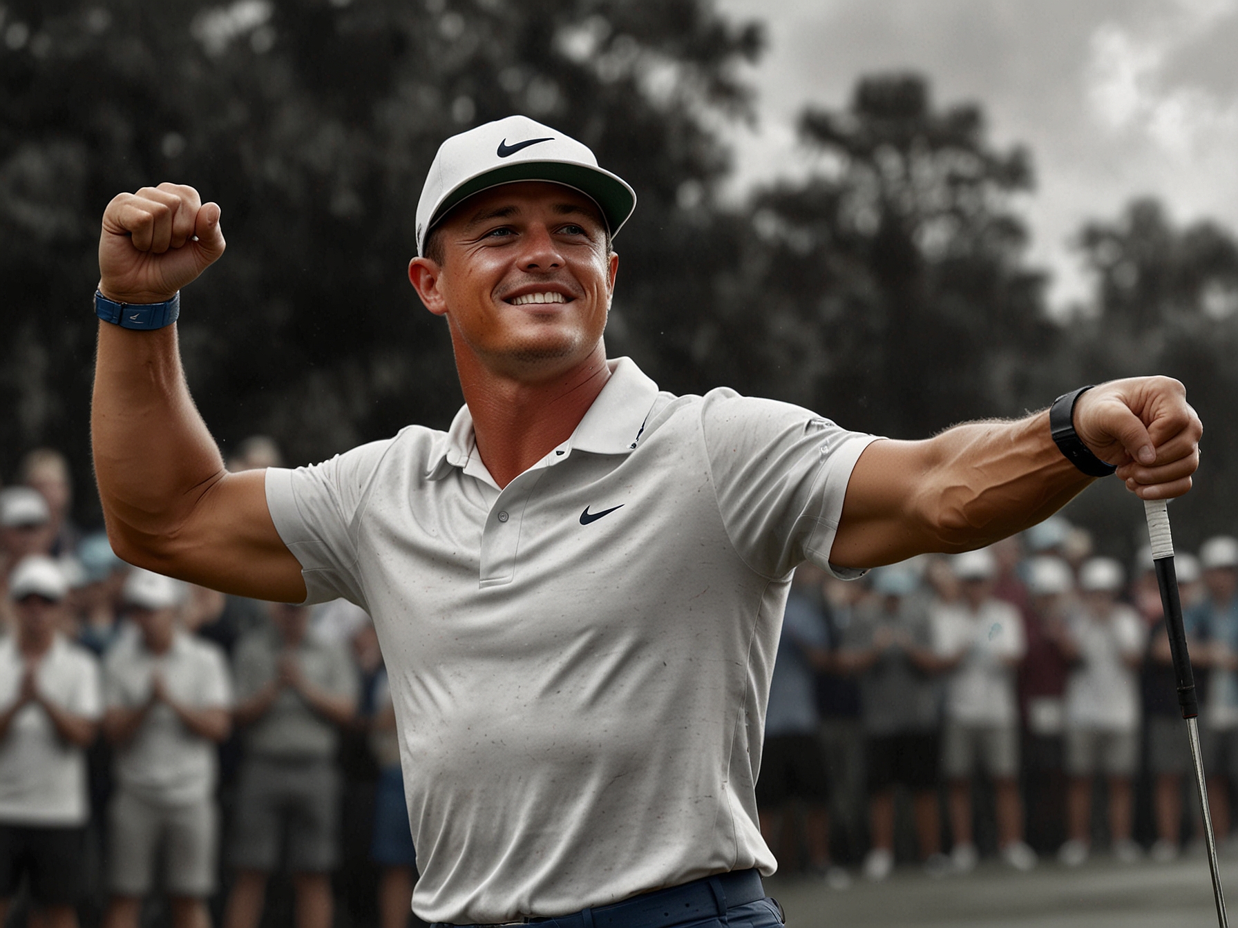 Bryson DeChambeau celebrates his victory with a powerful fist pump, his golf club in hand, epitomizing his resilience and precision that led to winning the US Open.