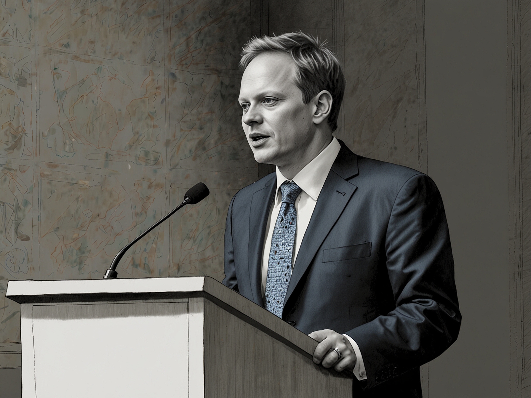An illustration of UK Defence Secretary Grant Shapps speaking at a podium, emphasizing his concerns about the implications of a potential EU defence pact on Britain's sovereignty.