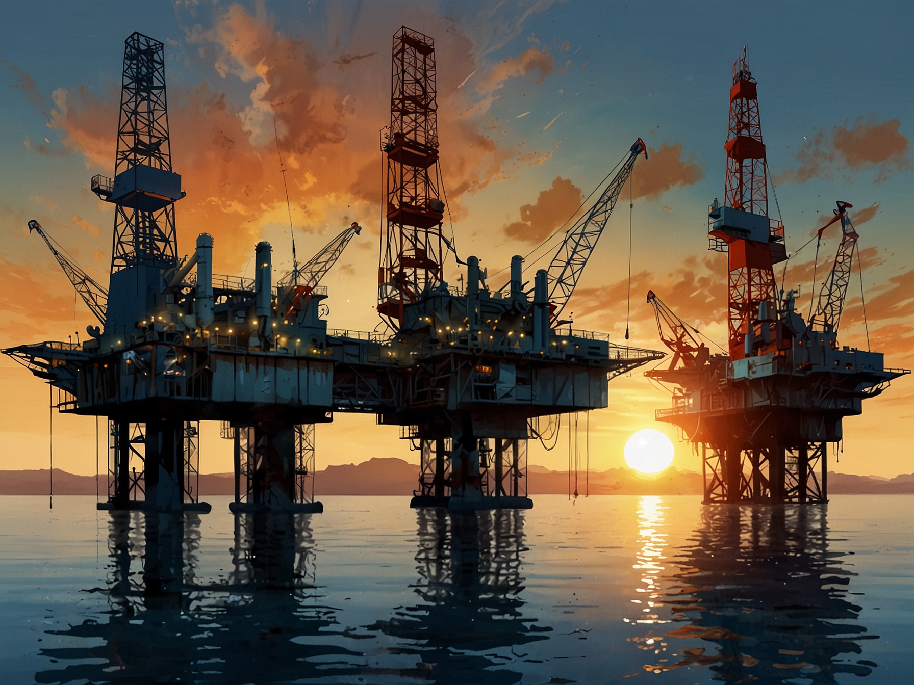 A conceptual image showing oil rigs and energy sector elements, symbolizing ONGC's operations and the global factors influencing its stock performance.