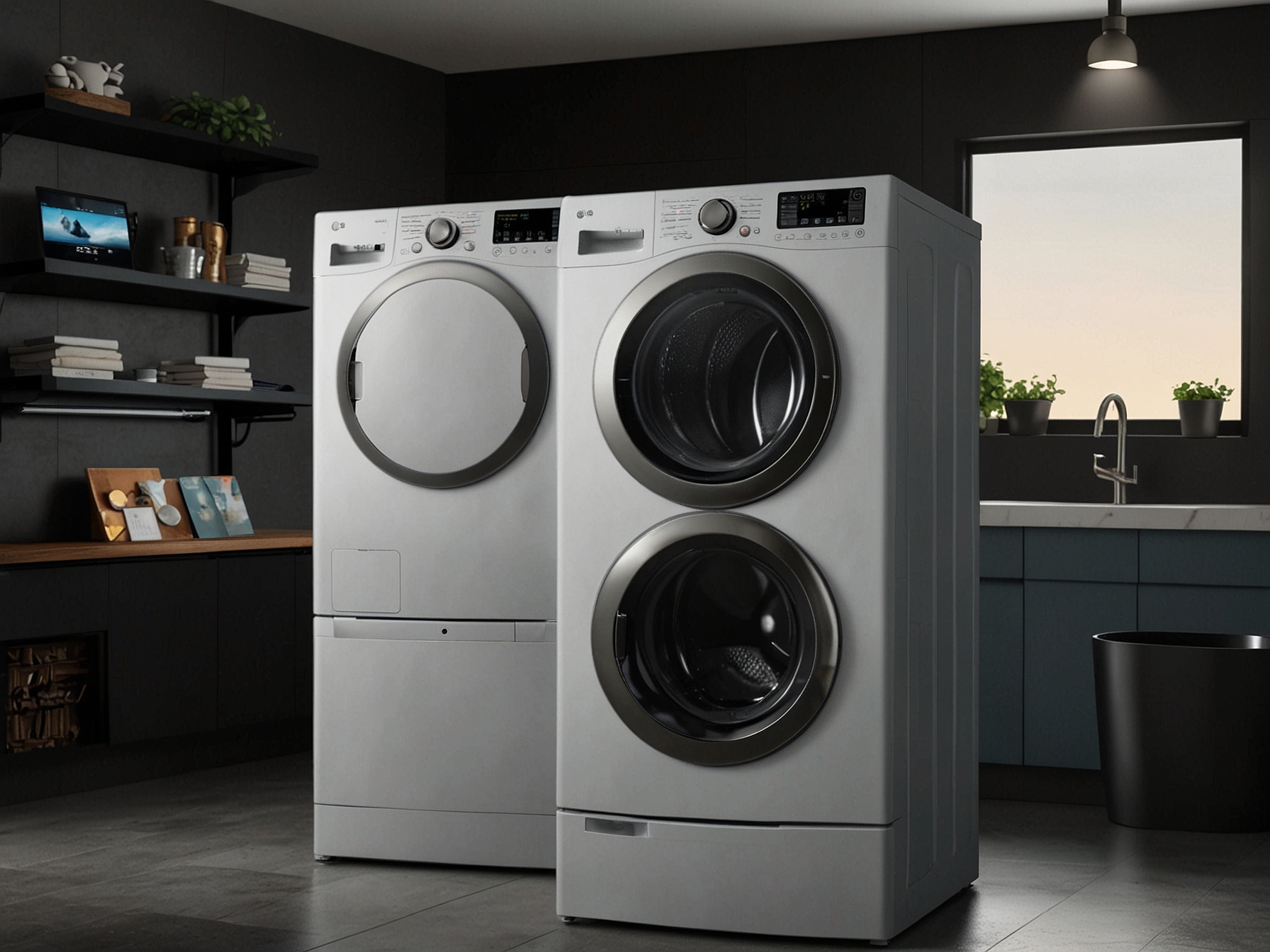 An image of an LG washer and dryer bundle featured at Best Buy, showcasing the sleek design and advanced features such as TurboWash technology and Wi-Fi connectivity for convenient management.