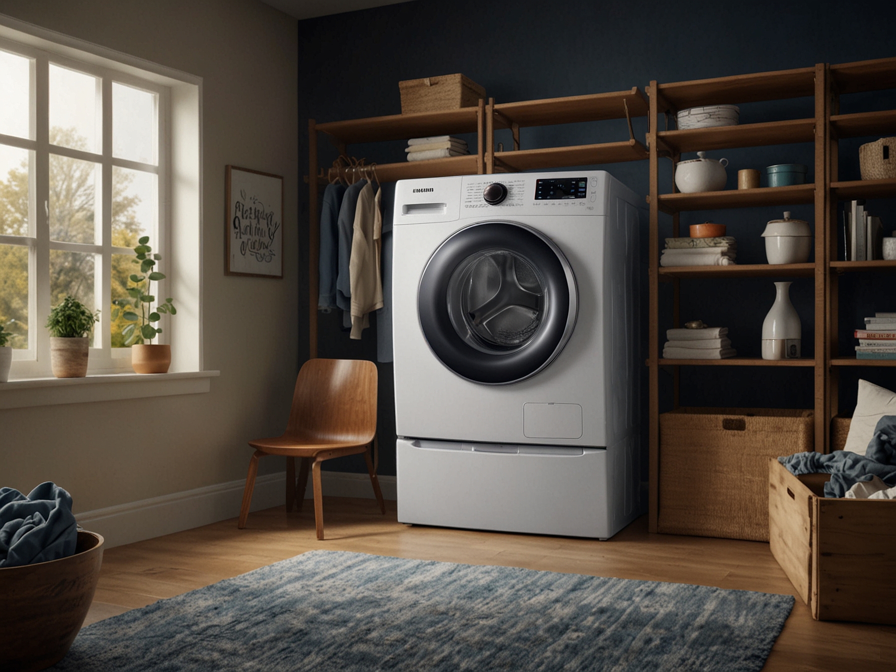 A Samsung washer and dryer set available at Walmart, highlighting the extra-large capacity, smart technology integration like voice control and SmartThings, and energy-efficient performance.