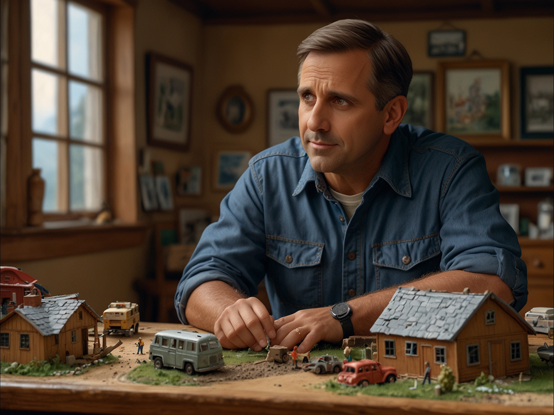 A scene from Welcome to Marwen showing Steve Carell as Mark Hogancamp meticulously working on his detailed model village, symbolizing his journey of recovery.