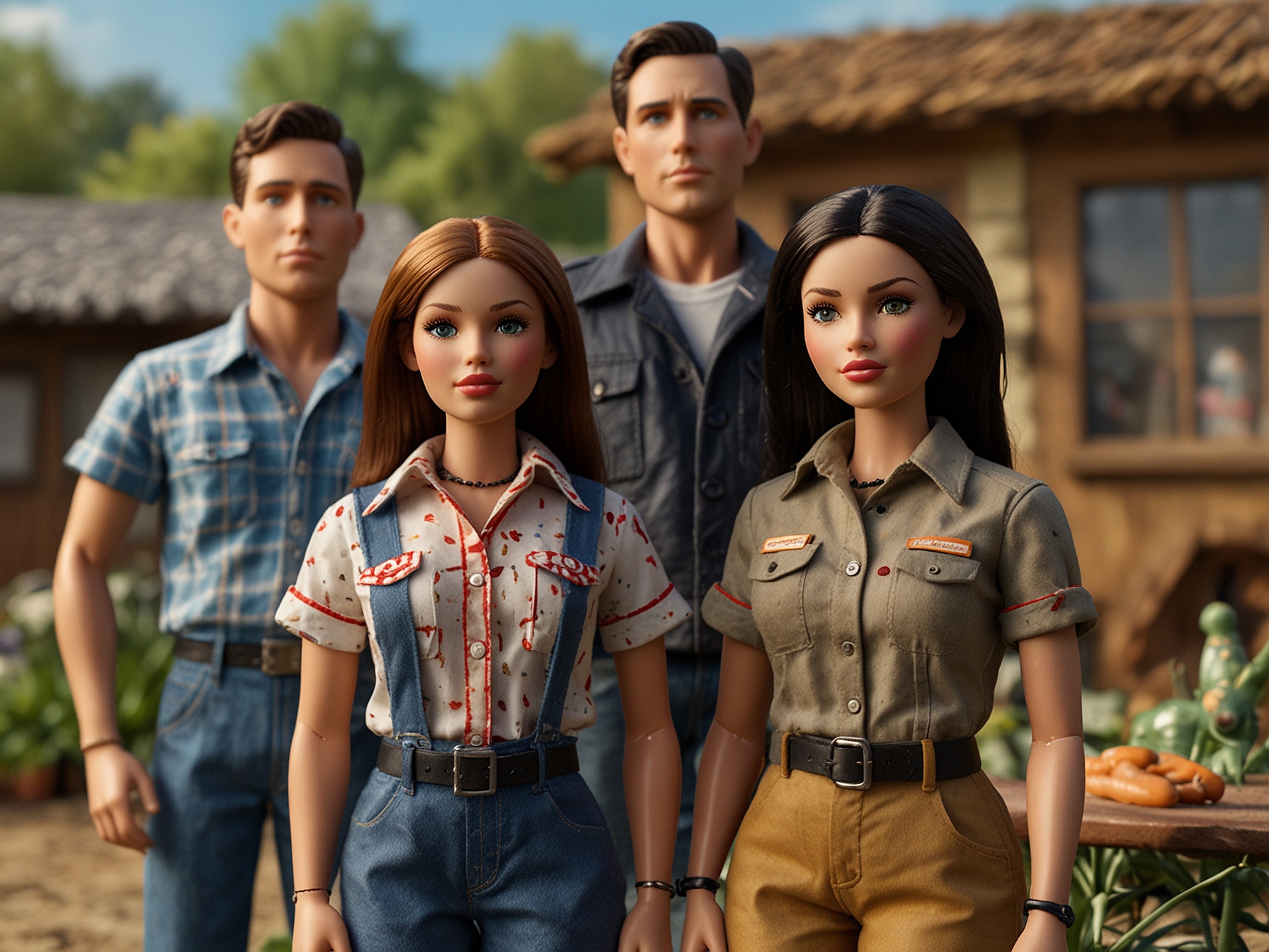 A close-up shot from Welcome to Marwen depicting the blend of live-action and CGI, with fashion dolls in the model village representing key figures in Mark's life.