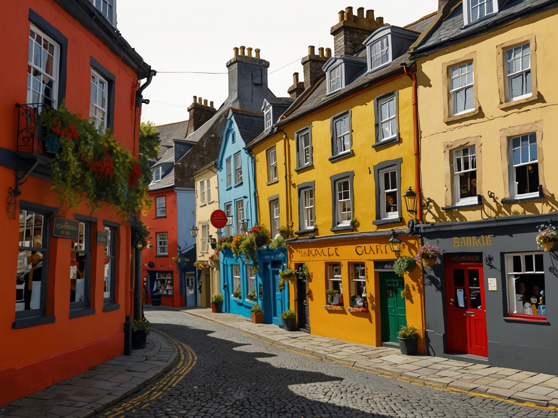 A picturesque street in Kinsale with vividly colored buildings, including a canary yellow café and vibrant red pub, reflecting the town's lively spirit and welcoming atmosphere.
