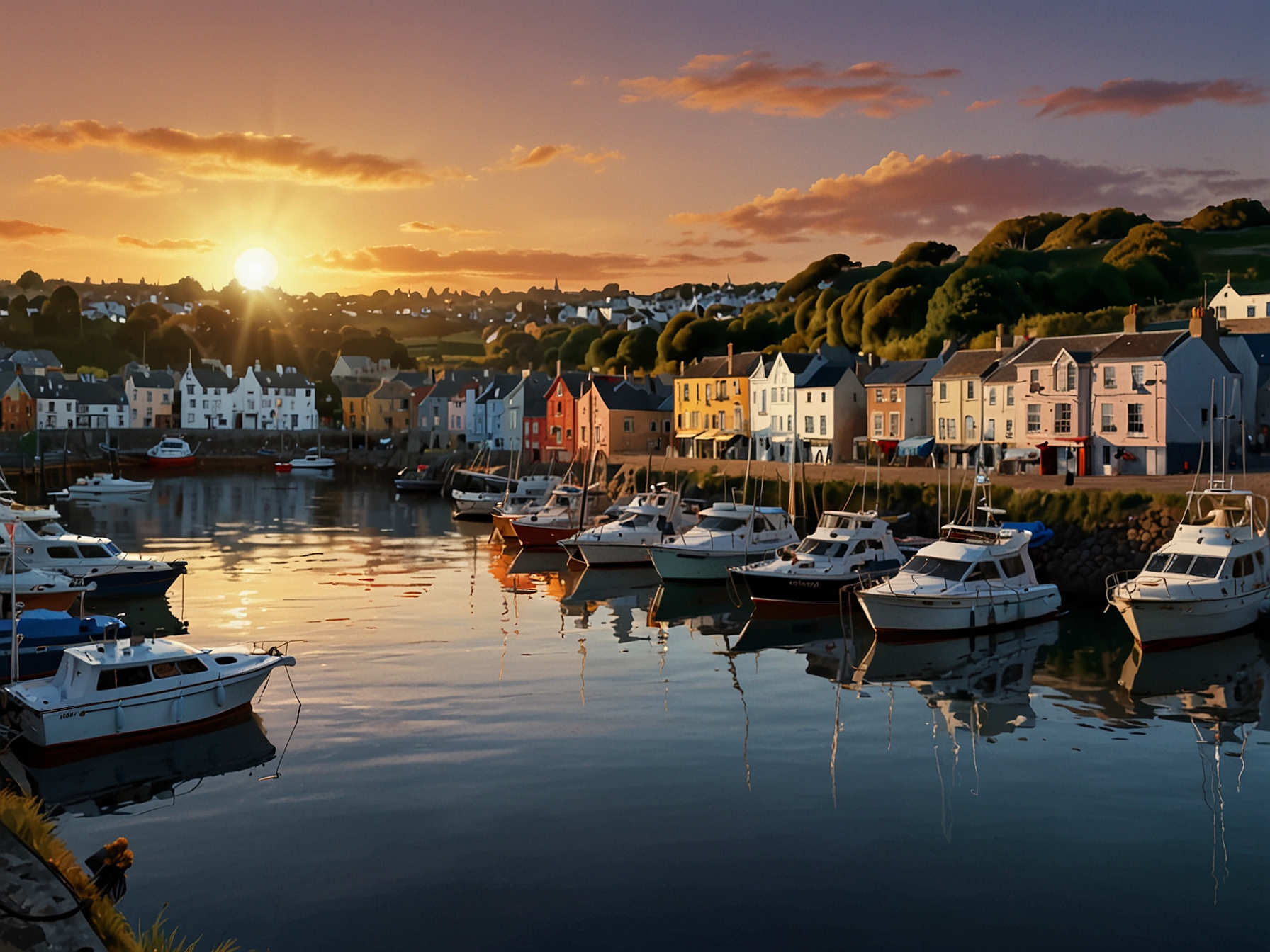 The charming Kinsale harbor at sunset, filled with boats and yachts, offering breathtaking views of the Atlantic Ocean and creating a serene, picturesque coastal scene.