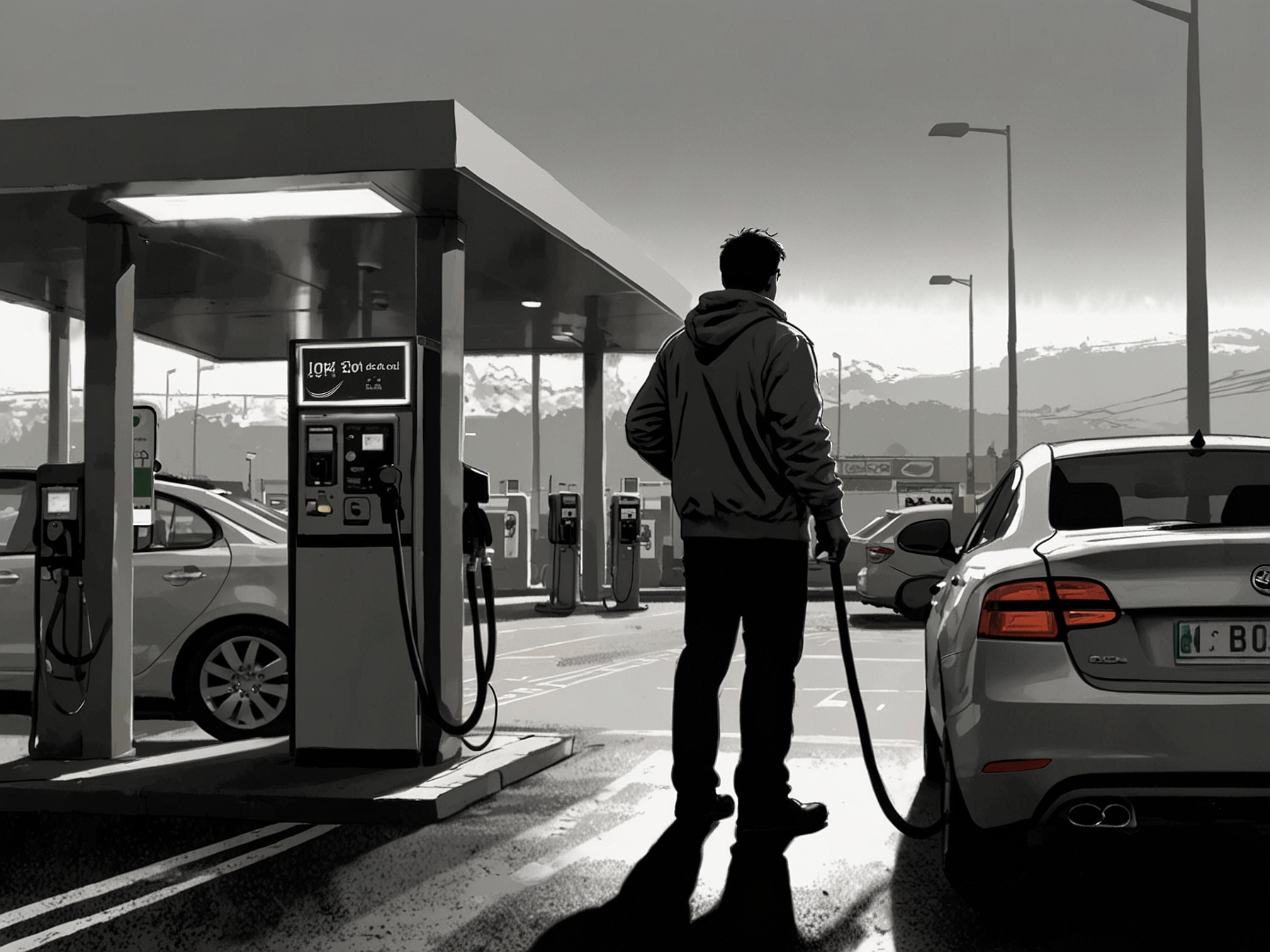 A frustrated driver filling up their car at an expensive UK diesel station, highlighting the struggle faced by motorists amid soaring diesel prices.