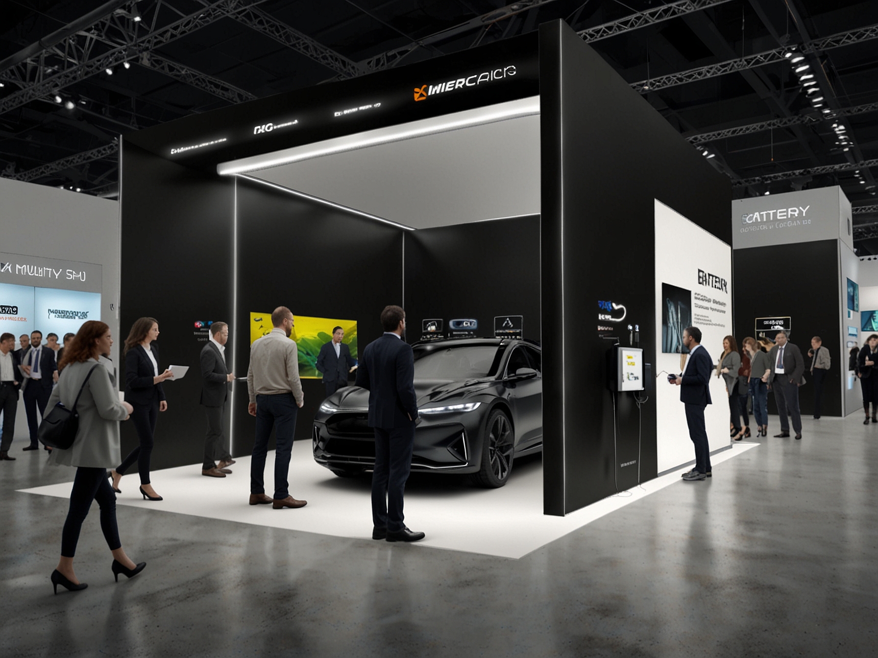 Attendees at The Battery Show Europe surrounding the XING Mobility booth, engaging with the unveiling of the IMMERSIOTM XE50. The immersive booth setup highlights the product's modularity and innovative features.