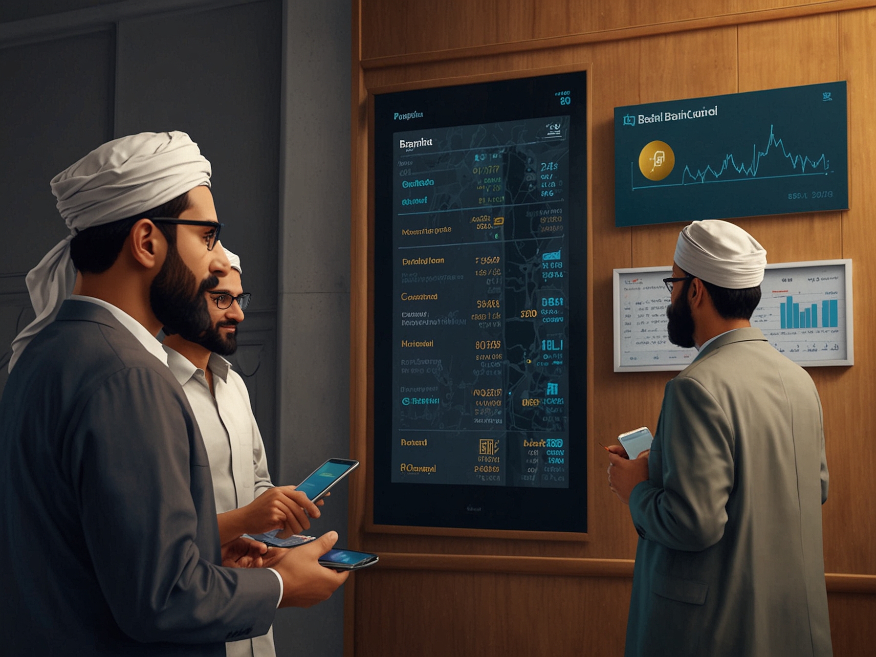 A digital banking screen, symbolizing uninterrupted banking services on Bakri Eid, with people accessing online financial platforms despite the closure of stock and commodities markets.