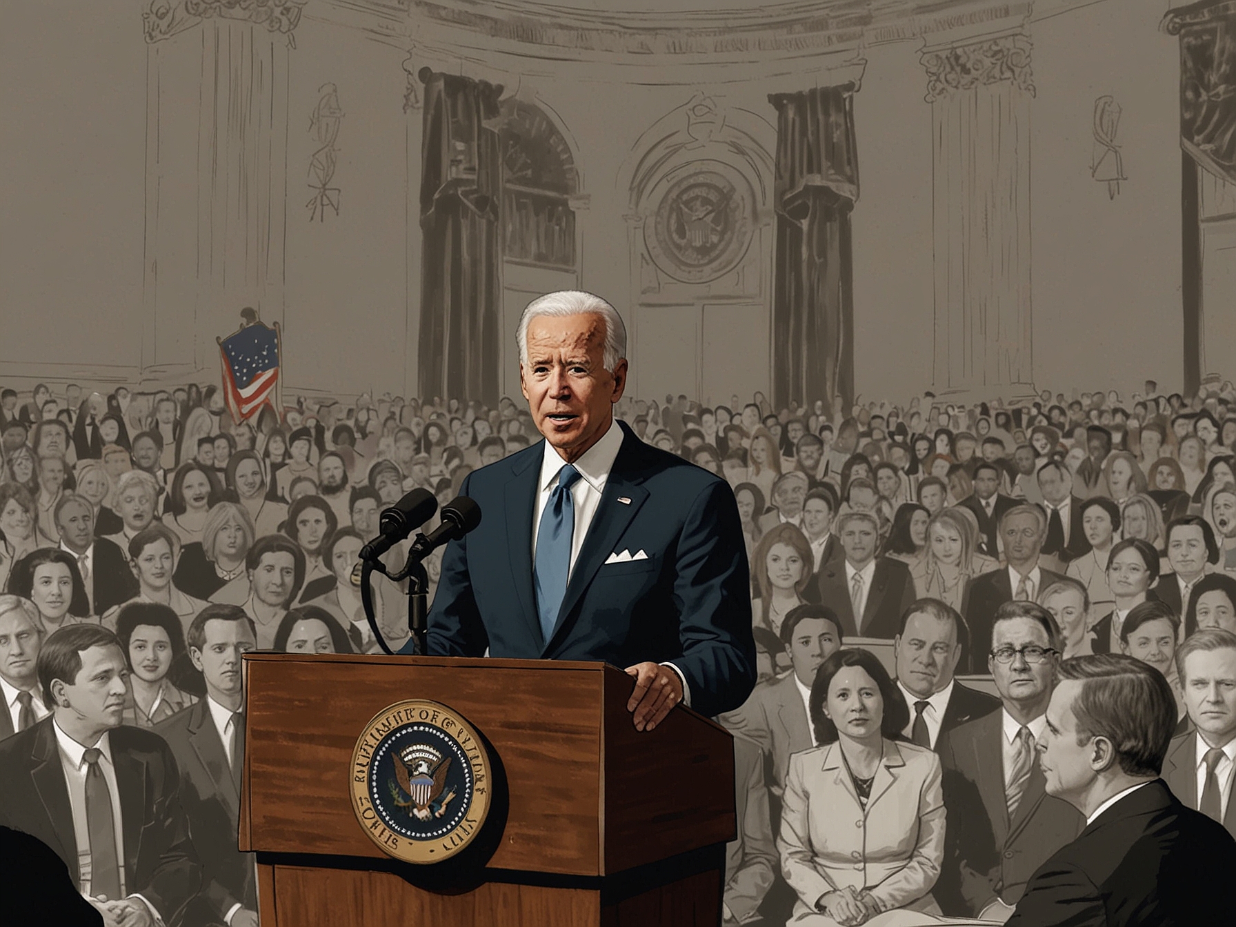 Illustration of President Joe Biden speaking at a podium, with an emphasis on immigration reform and family unity as part of his new policy to protect undocumented spouses of U.S. citizens.
