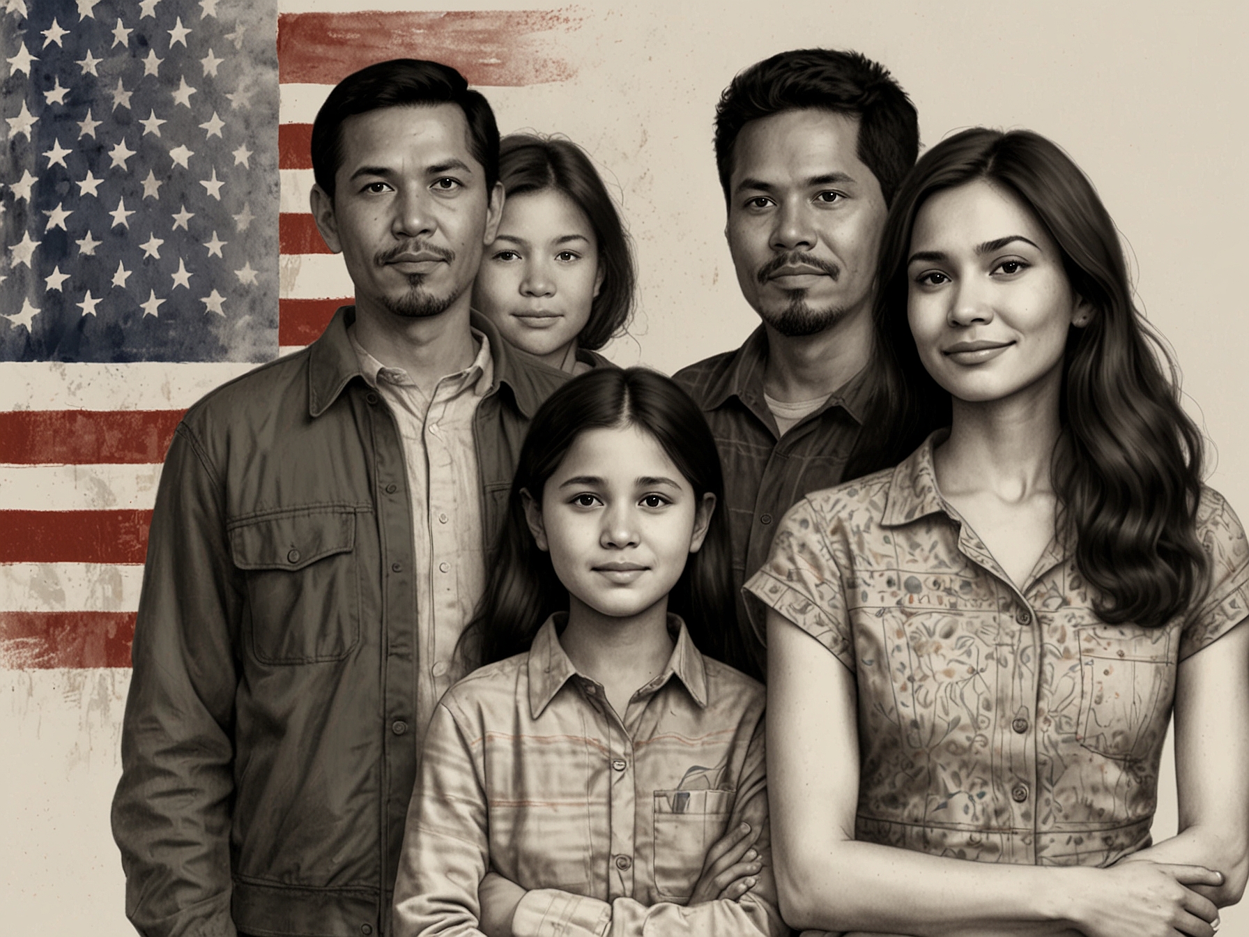 Depiction of a mixed-status family, where one spouse is a U.S. citizen and the other is undocumented, showing relief and unity as they are now protected from deportation under the new policy.