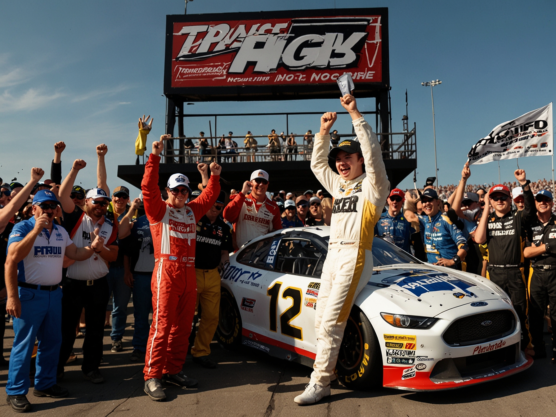 Ryan Blaney celebrating in victory lane with his No. 12 Team Penske Ford at Iowa Speedway, surrounded by his jubilant crew after winning the Iowa Corn 350 and ending his winless streak.