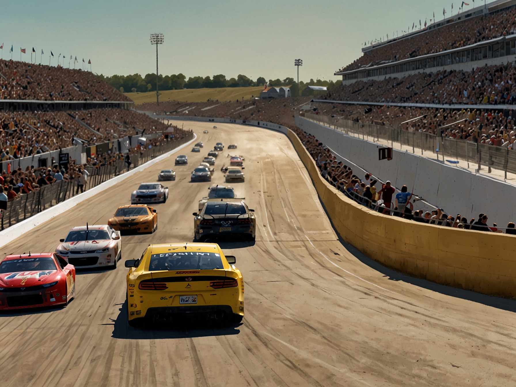 A high-action moment during the Iowa Corn 350 race, showcasing Ryan Blaney's No. 12 car leading the pack through Iowa Speedway's multi-groove layout, with grandstands filled with cheering fans.