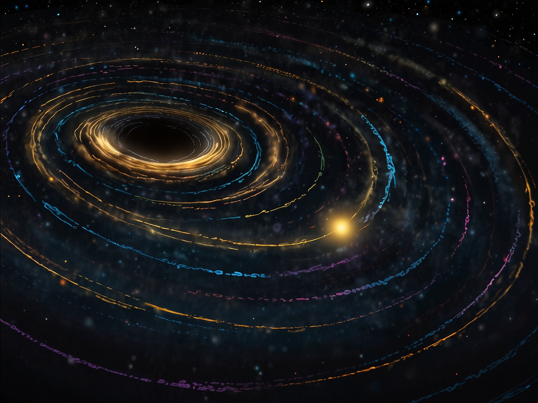 Depiction of the gravitational waves emitted from the OJ 287 binary black hole system. The illustration highlights the space-time ripples and the dynamic interactions between these colossal cosmic entities.
