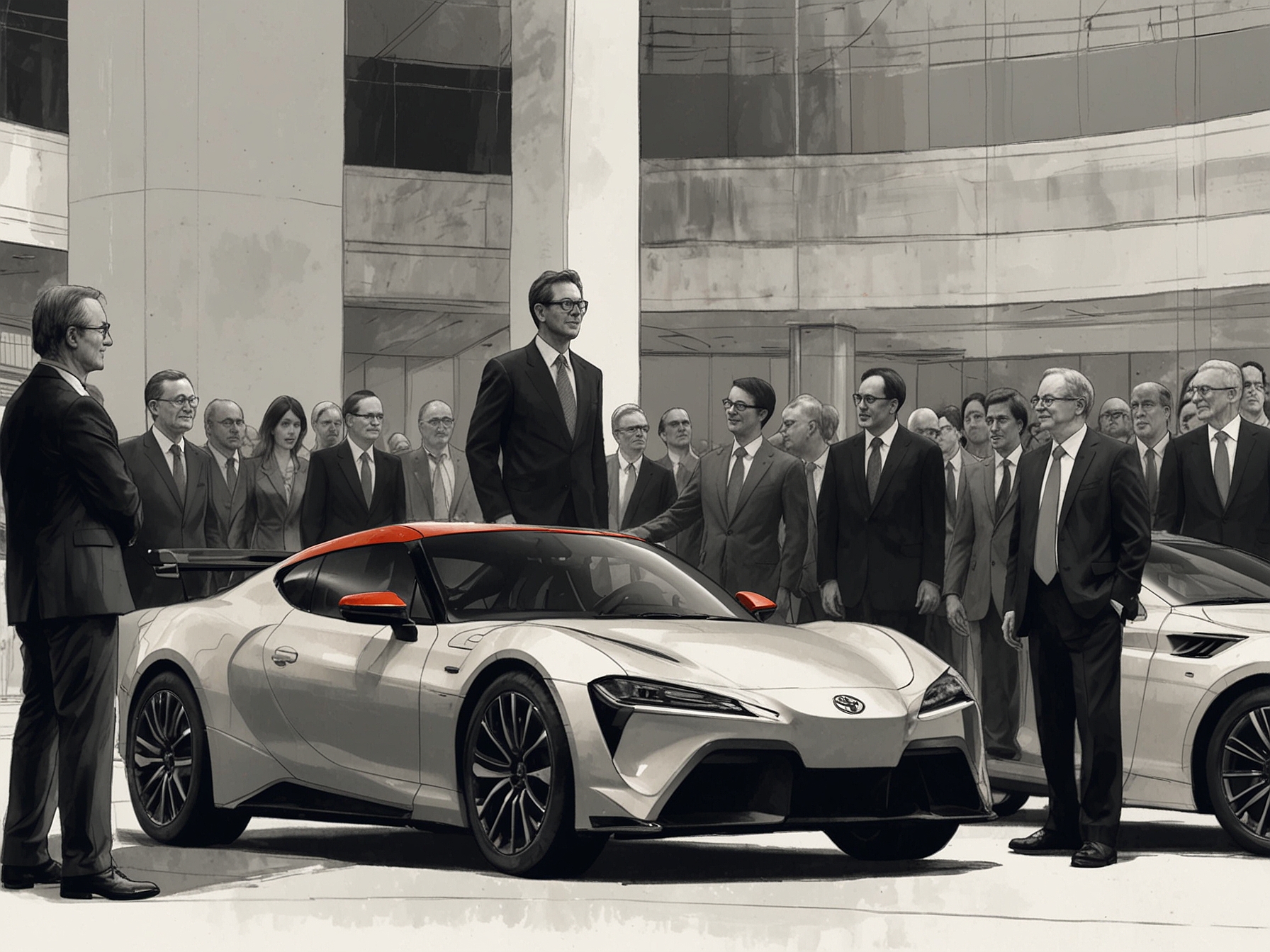 Illustration of Toyota's AGM showcasing the diverse stakeholders, with international and domestic investors debating over the company's EV strategies and governance practices.