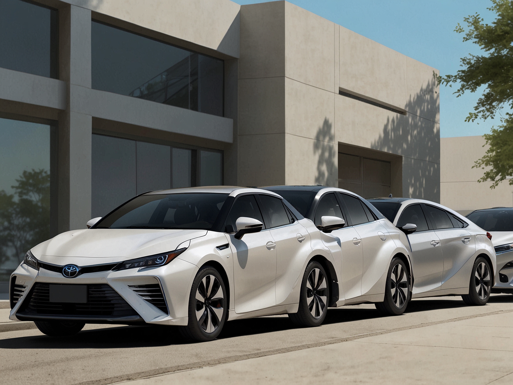 Image of Toyota's latest hybrid and hydrogen fuel cell vehicles displayed at the AGM, representing the company's commitment to diversified sustainable mobility technologies.