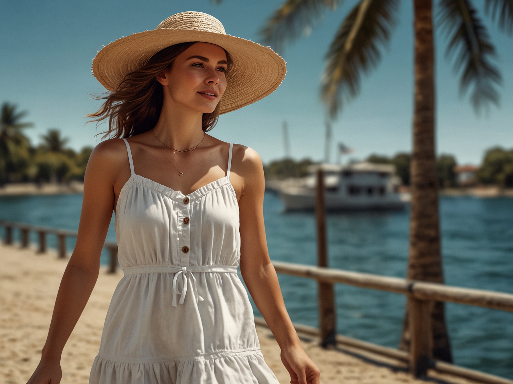A model wearing a chic white sundress paired with strappy sandals and a straw hat, embodying the effortless elegance and breathable comfort essential for summer 2024 fashion.