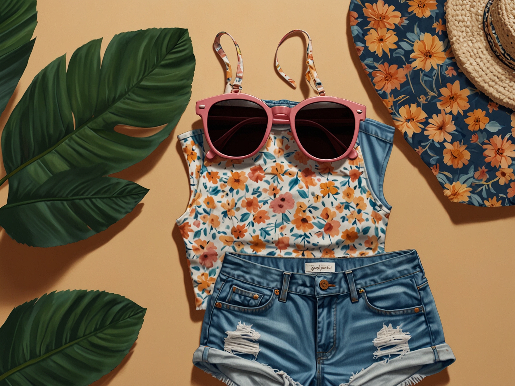 Close-up of a laid-out summer outfit featuring high-waisted denim shorts, a floral tank top, and matching accessories including sunglasses and a tote bag, showcasing versatile wardrobe staples.