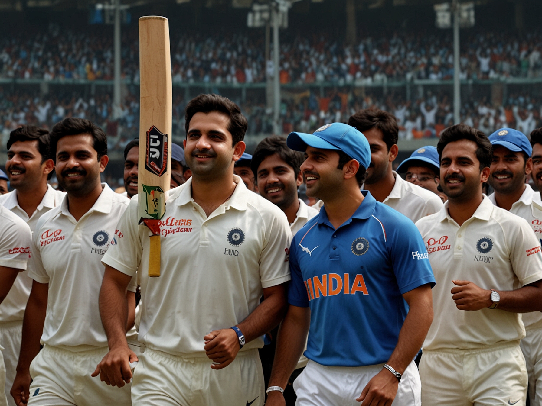 An image of an excited crowd in a cricket stadium with Team India players on the field, symbolizing the anticipation and support surrounding Gambhir's potential appointment as head coach.