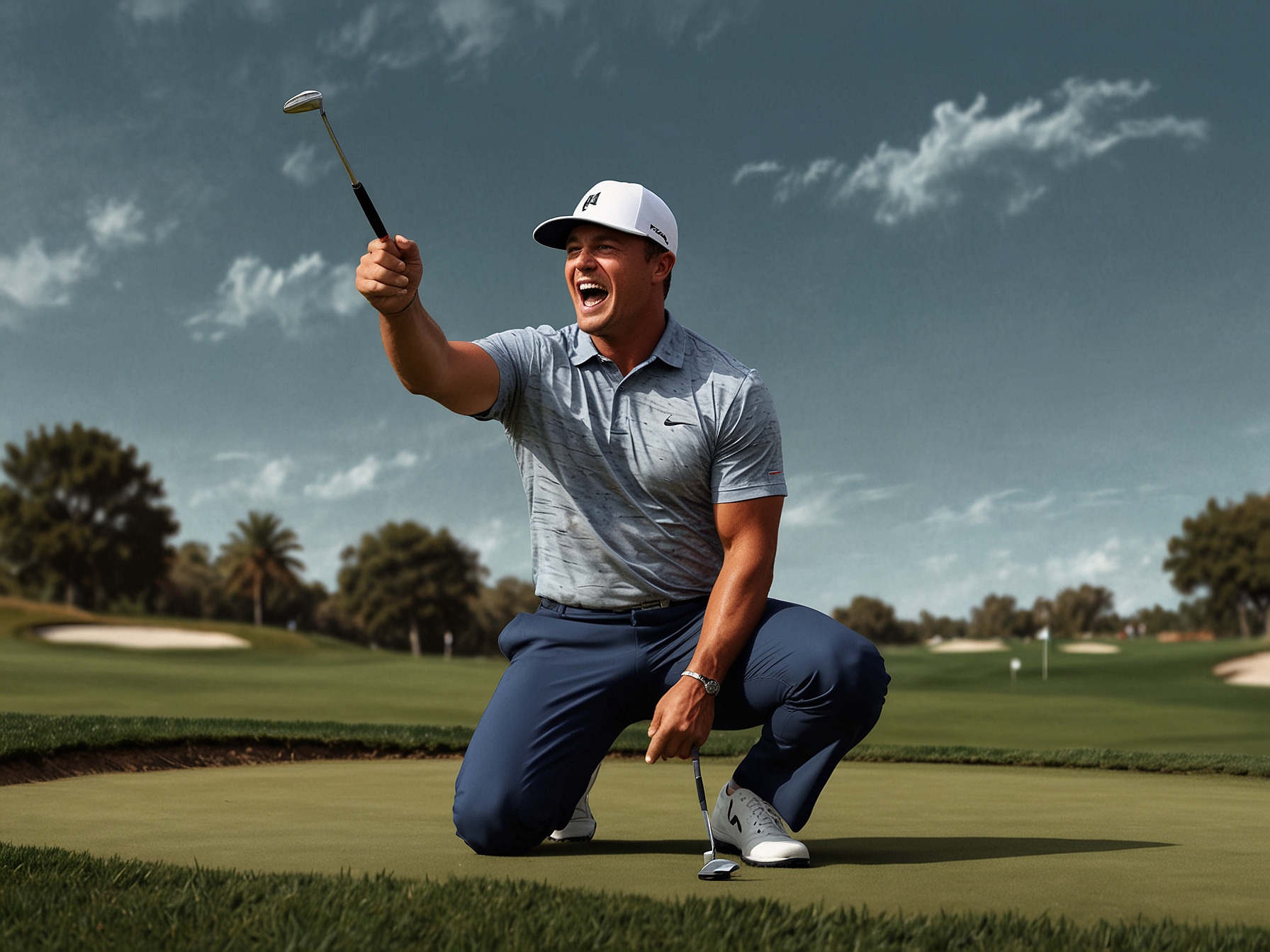 A memorable moment of Bryson DeChambeau celebrating after sinking a crucial birdie putt on the 14th hole, emphasizing his exceptional putting skills and strategic game management.