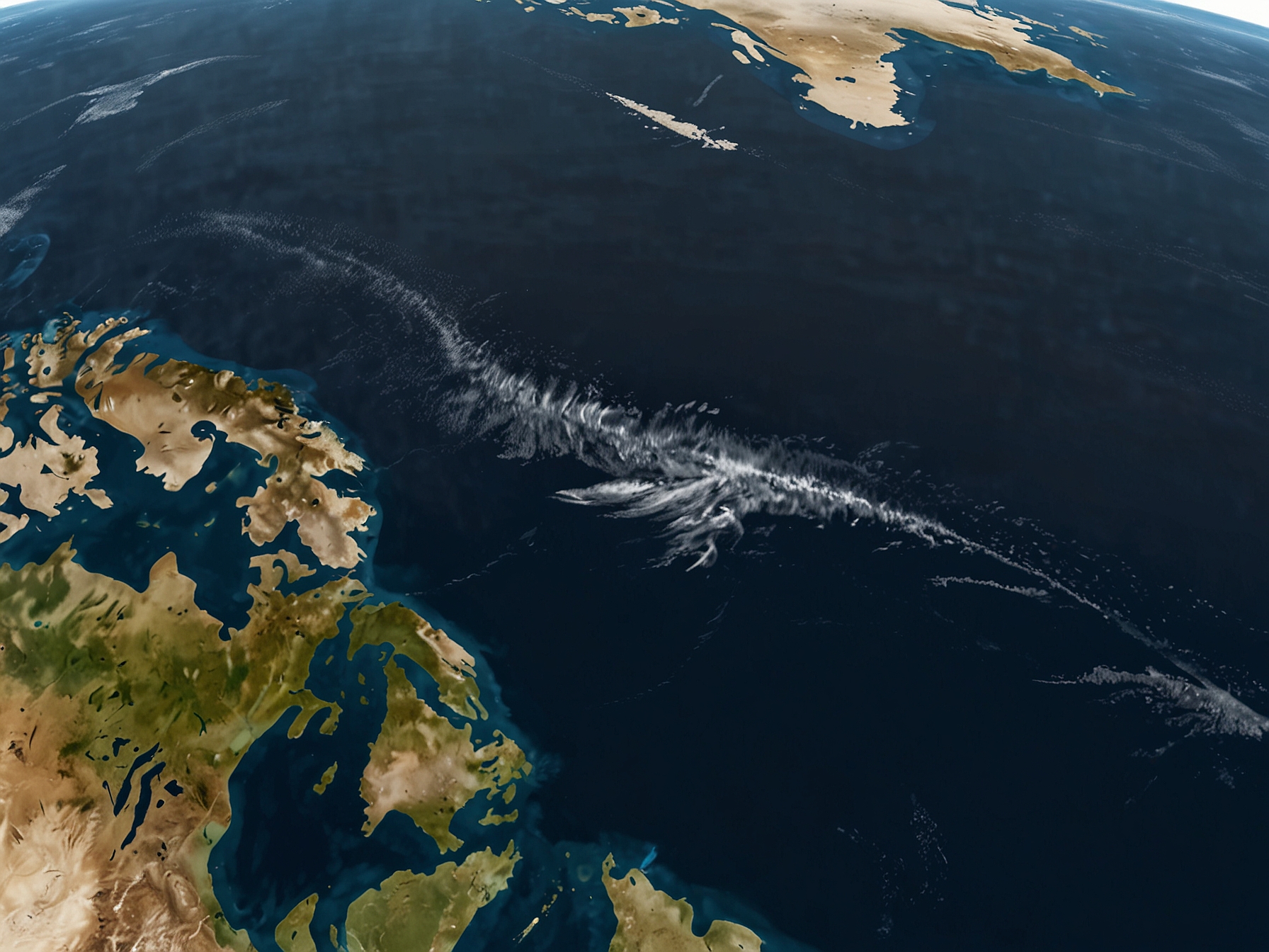 A satellite image showing the vast ocean areas off the coast of Canada, indicating the critical habitats and migration routes of the North Atlantic right whales.