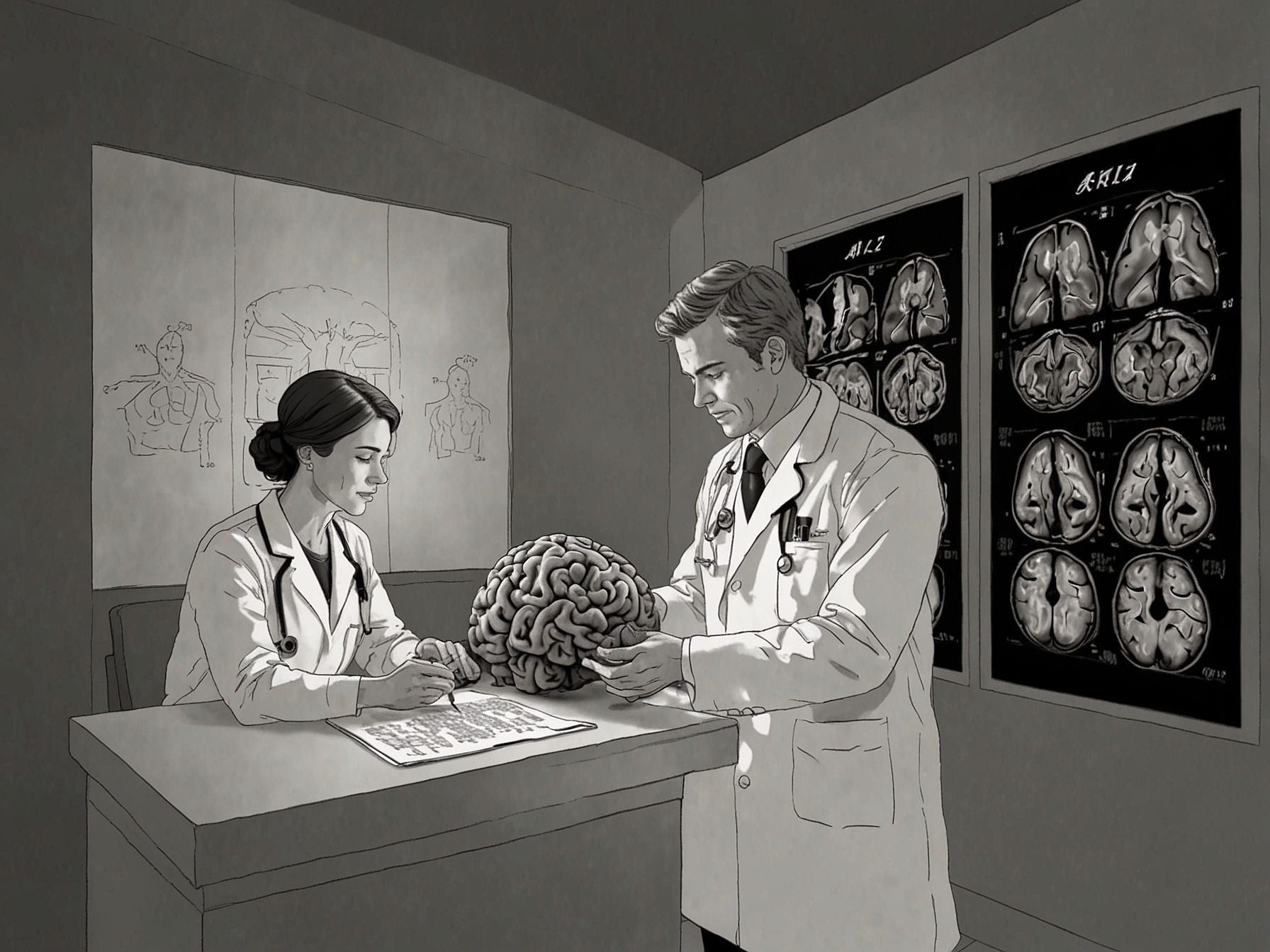 Doctors examining MRI scans of a patient's brain, emphasizing the critical need for detecting ARIA, a severe side effect associated with the Alzheimer's drug Leqembi.