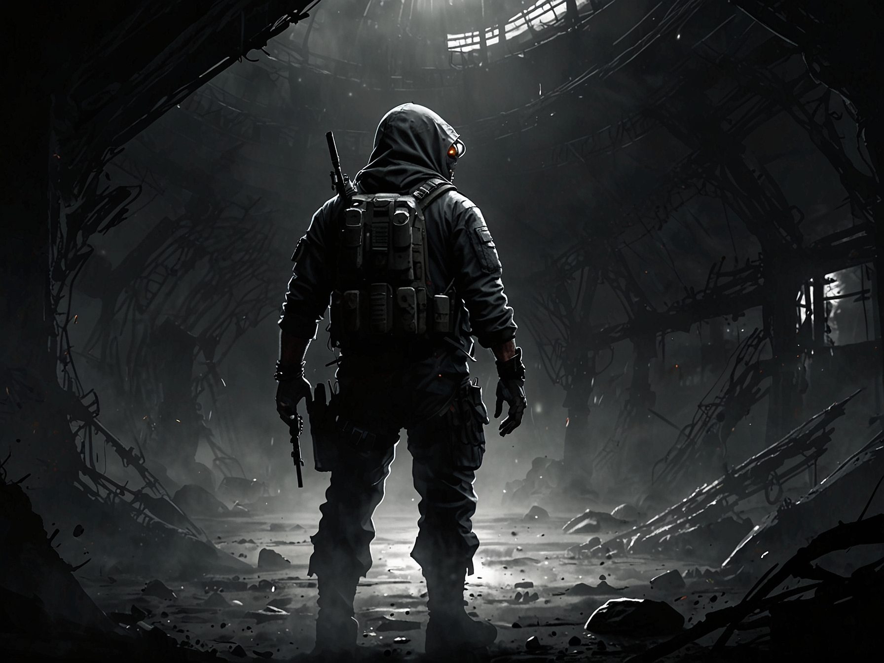 A player character stealthily navigating through a dark, post-apocalyptic setting, emphasizing the importance of silence and caution to avoid detection by extraterrestrial creatures.