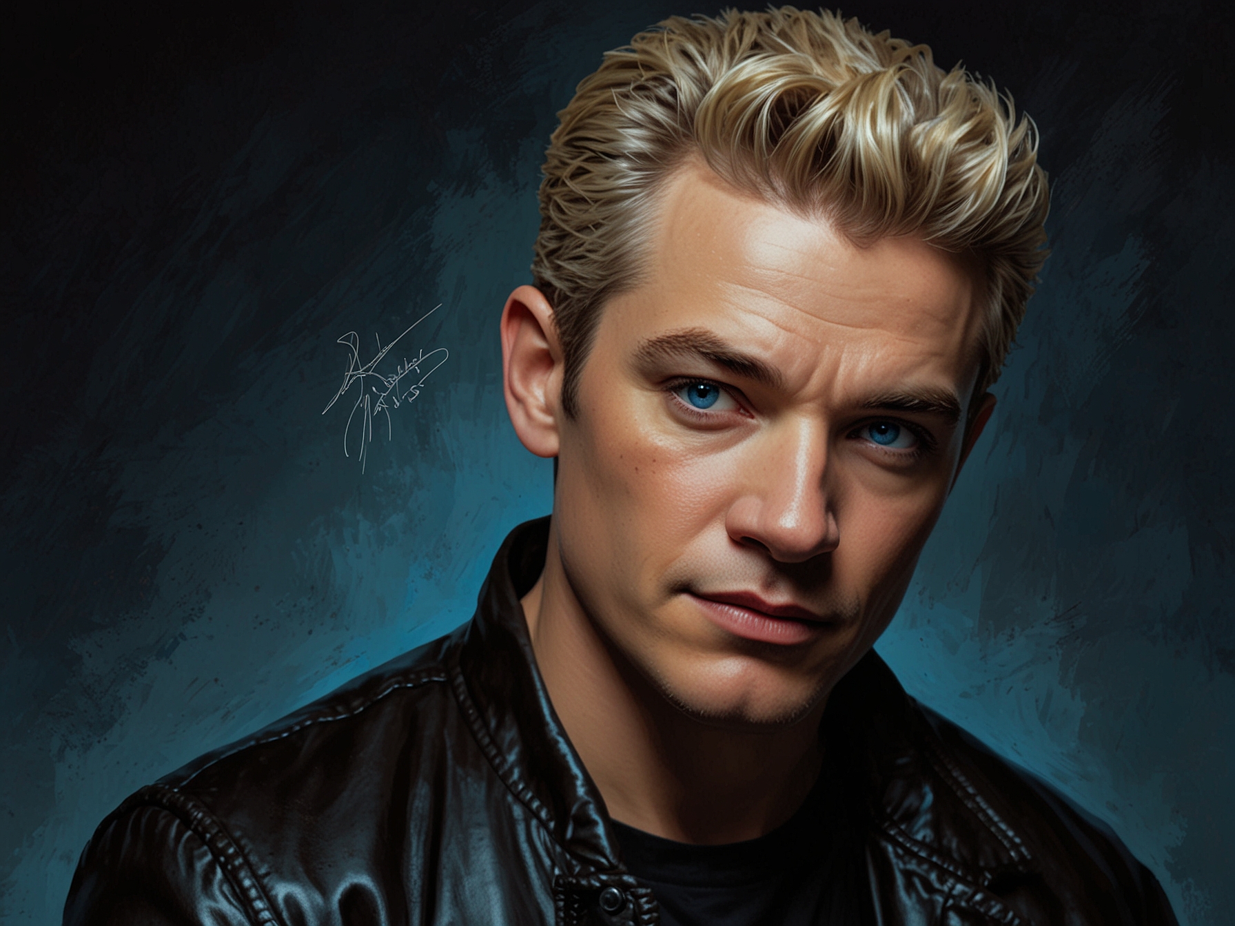James Marsters as Spike in 'Buffy The Vampire Slayer,' showcasing his iconic look with bleached blonde hair, piercing blue eyes, and signature leather jacket that captivated 90s audiences.