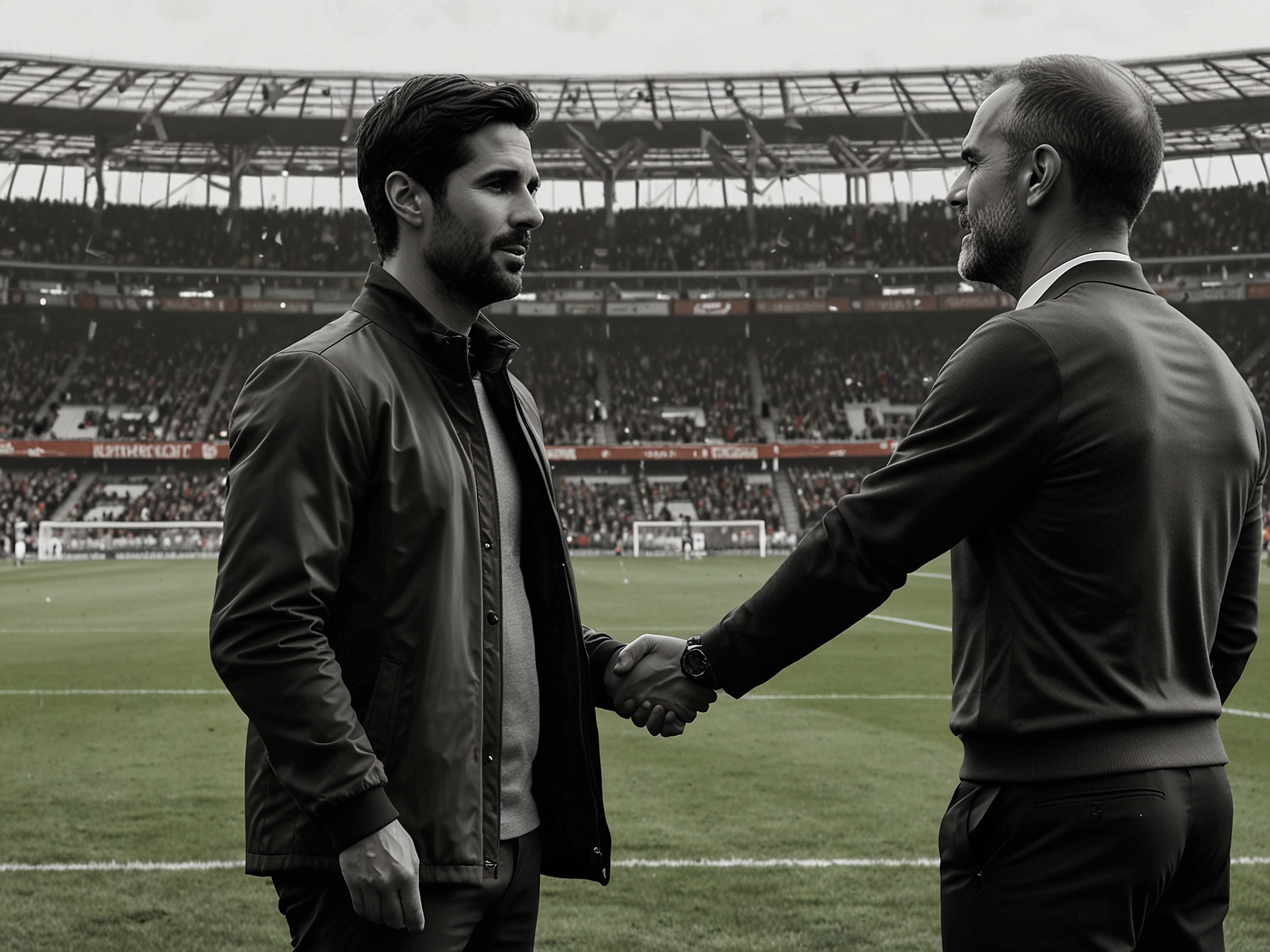 A depiction of Mikel Arteta, Jurgen Klopp, and Pep Guardiola strategizing with a background of a football pitch, highlighting the intense competition between Arsenal, Liverpool, and Manchester City for the player's signature.