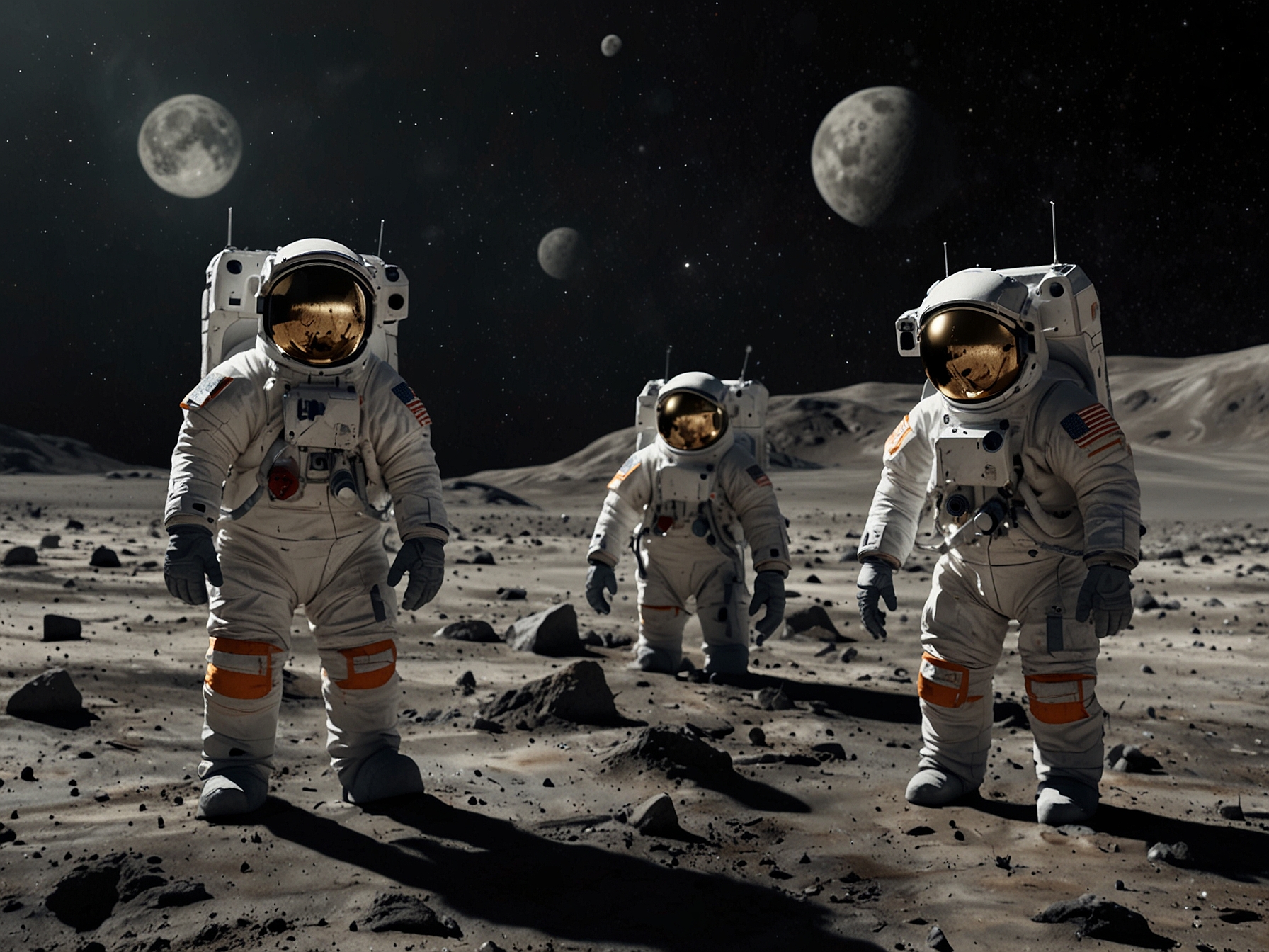 Illustration of Artemis astronauts on the lunar surface, highlighting their exposure to intense cosmic and solar radiation without Earth's protective magnetic field.