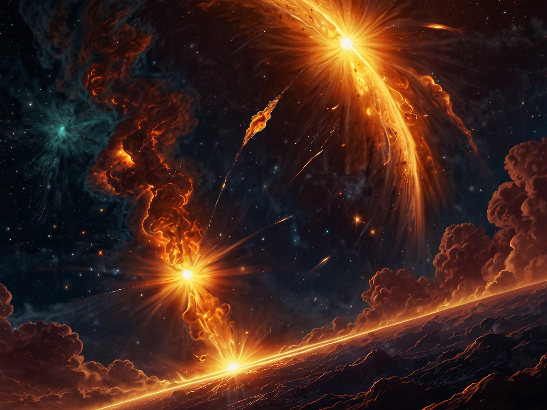 Depiction of solar flares and coronal mass ejections, emphasizing their role in releasing energetic particles that pose health risks to lunar astronauts.