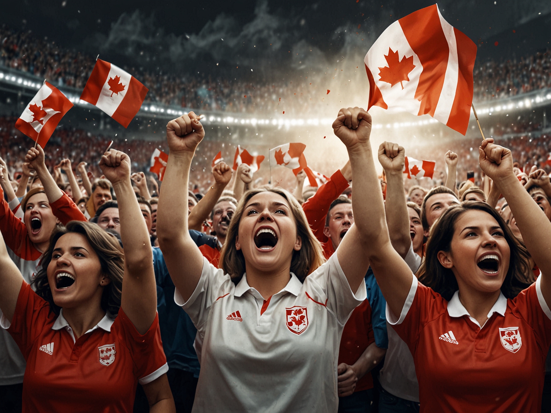 Energetic Canadian fans cheering their team during an international match, showcasing the nation's renewed hope and pride in their soccer squad.