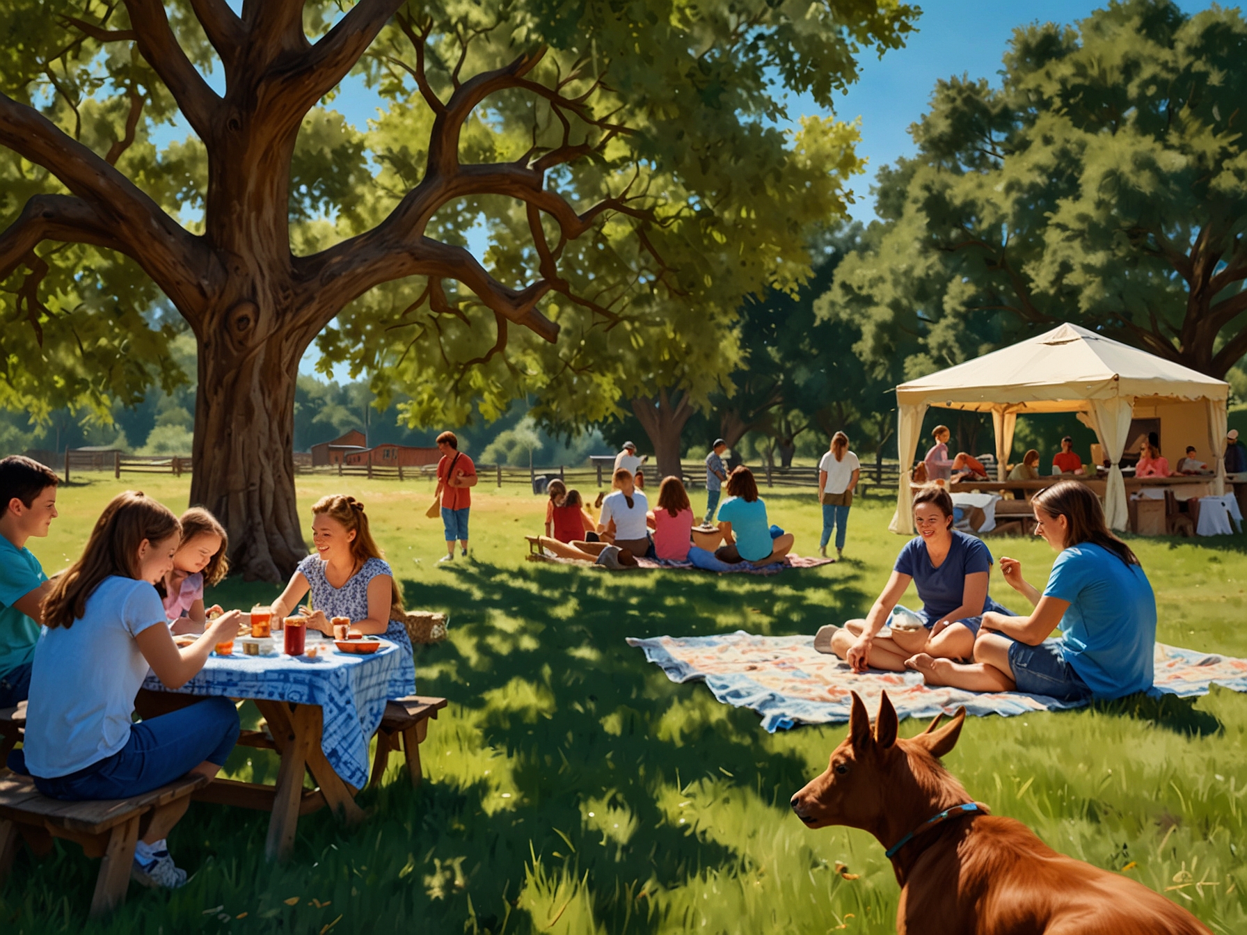 Visitors at Cajun Corral Farm enjoy a sunny picnic under oak trees while children eagerly pet and play with friendly goats, including the event's star, Rosemarie.