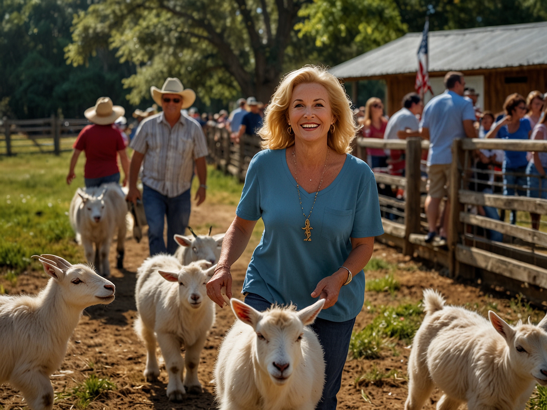 Rosemarie leads the 'Goat Parade' at Cajun Corral Farm, charming visitors with playful antics as families watch and take photos of the joyful animals.