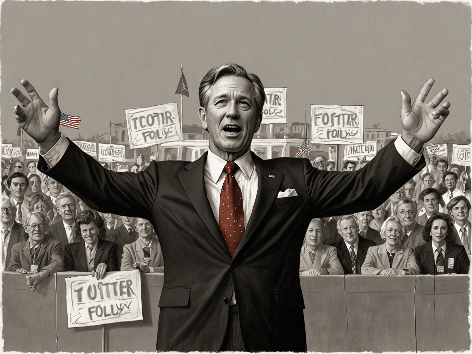 George Nethercutt during an election campaign, speaking to a crowd with banners for term limits, fiscal responsibility, and healthcare reform, symbolizing his 1994 victory over Tom Foley.