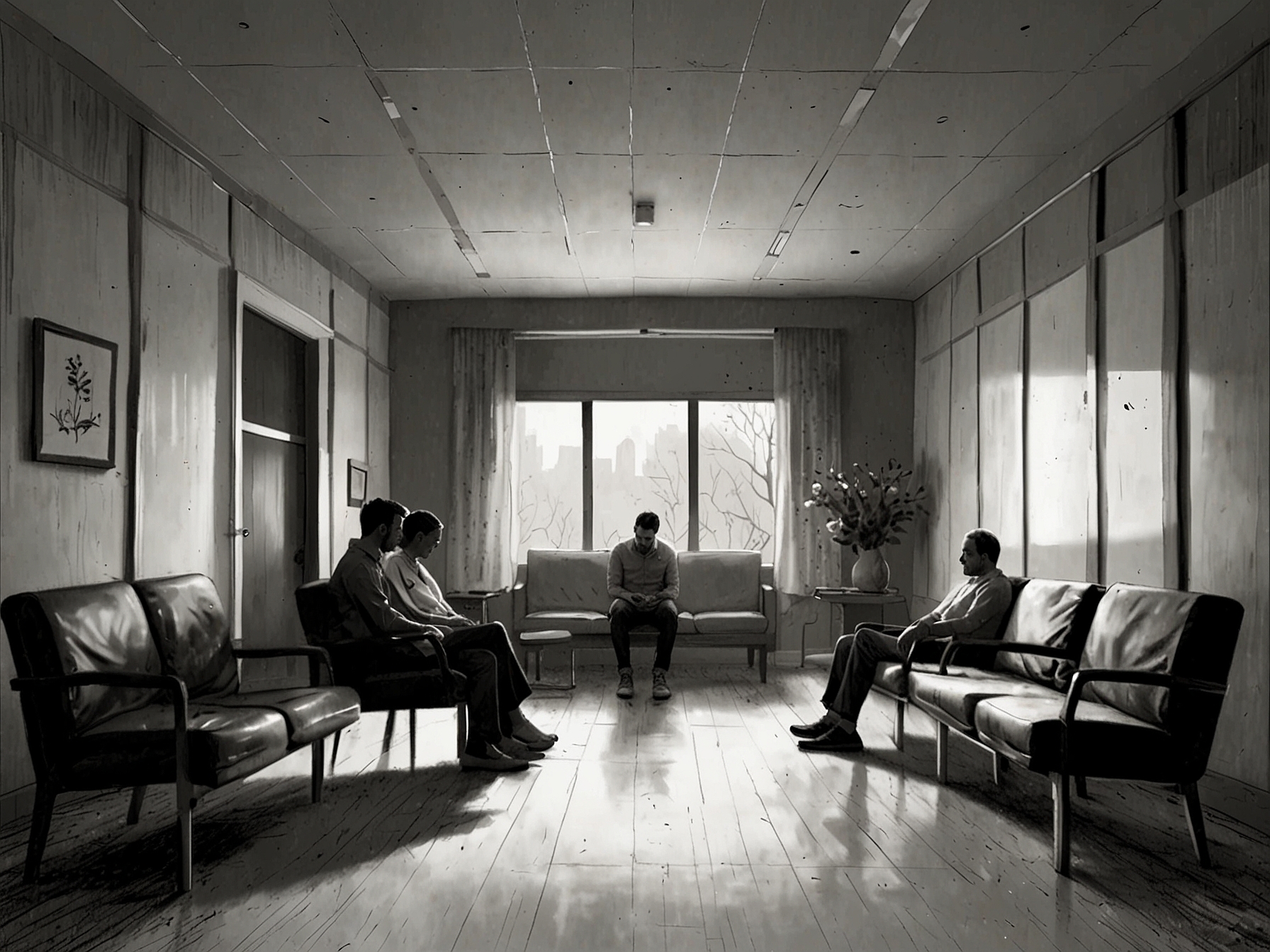 An emotional illustration of a grieving couple sitting in a medical waiting room surrounded by expectant parents, symbolizing the contrasting feelings of loss and joy.