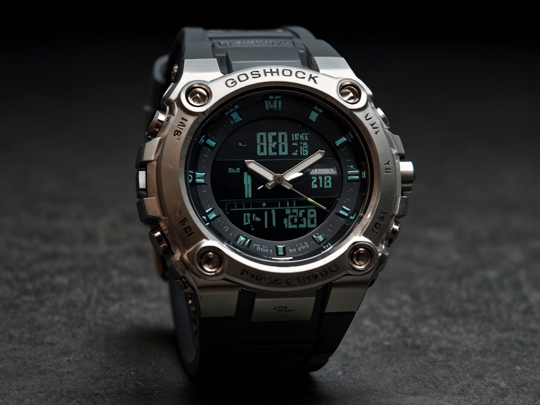 A sleek, slim G-SHOCK GBD-300 watch displaying a detailed workout log, including steps taken, calories burned, and distance traveled. The watch's screen is easy to read, even during vigorous activities.