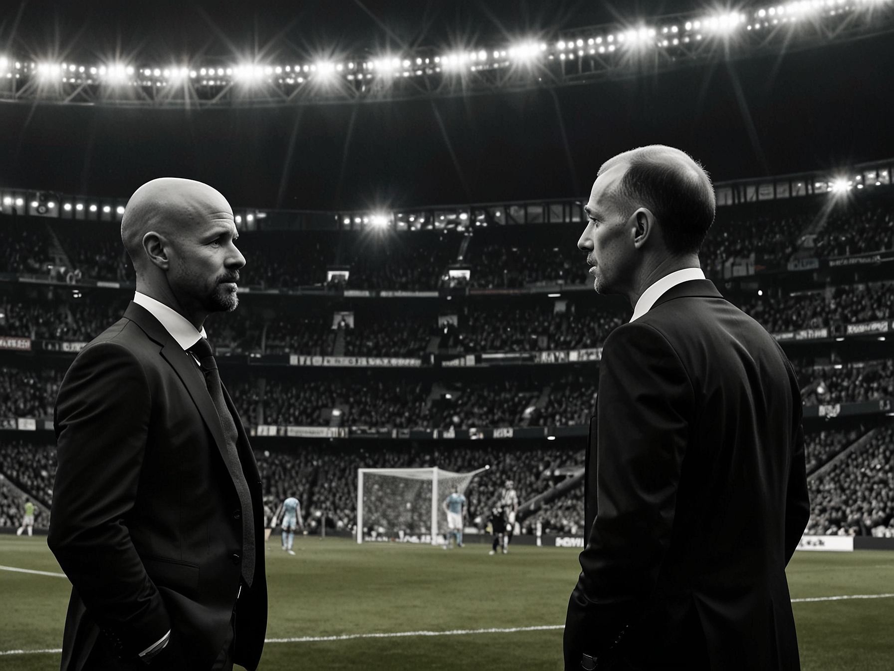 Manchester United's manager, Erik ten Hag, strategizing during a match. His focus on reinforcing the team's defense is reflected in the interest in Jarrad Branthwaite amid competition from Manchester City.