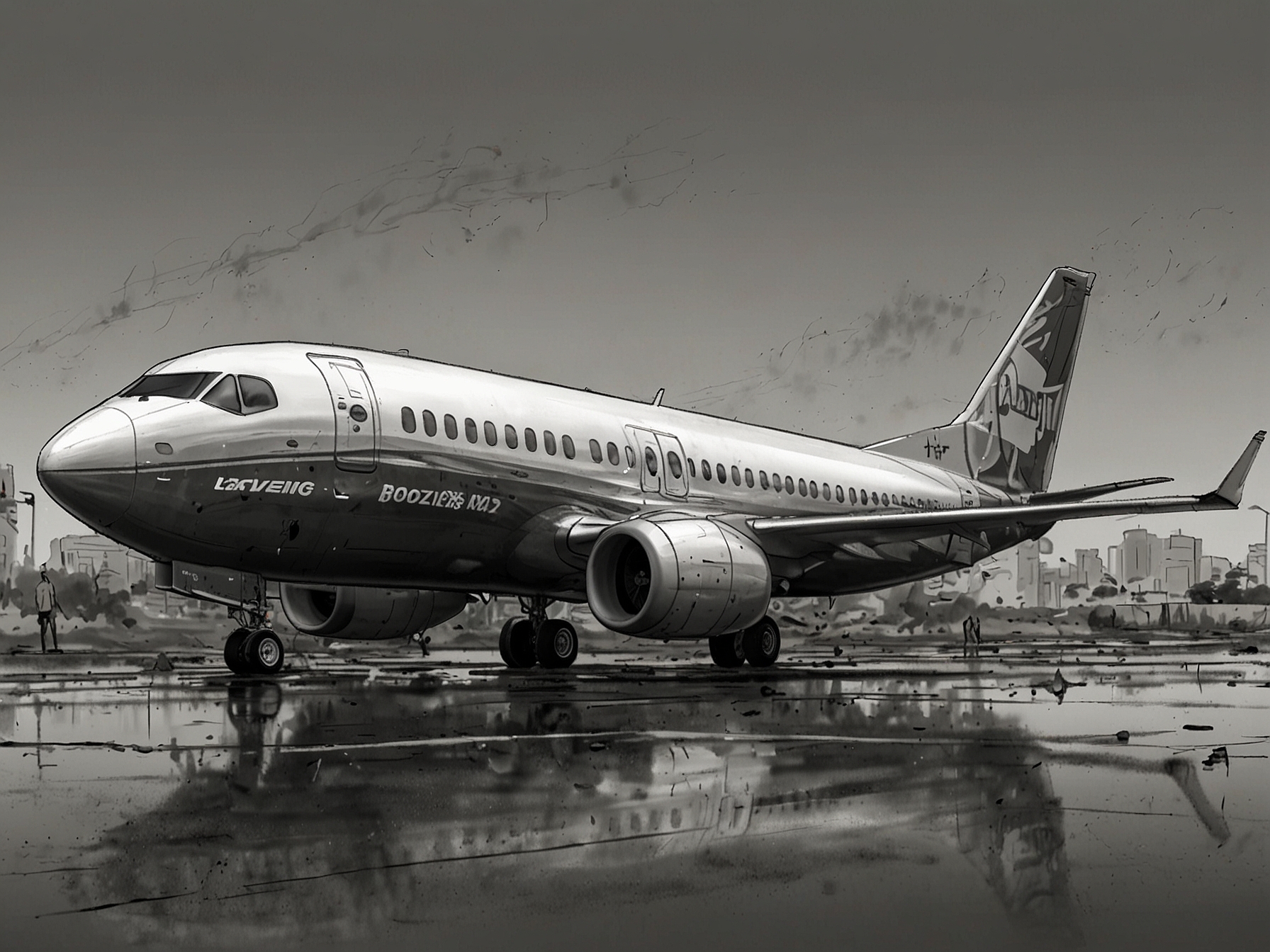 Illustration of Boeing's 737 MAX aircraft grounded, representing the challenges the company faces with safety issues, halted deliveries, and its efforts to restore investor and public trust amid ongoing scrutiny.