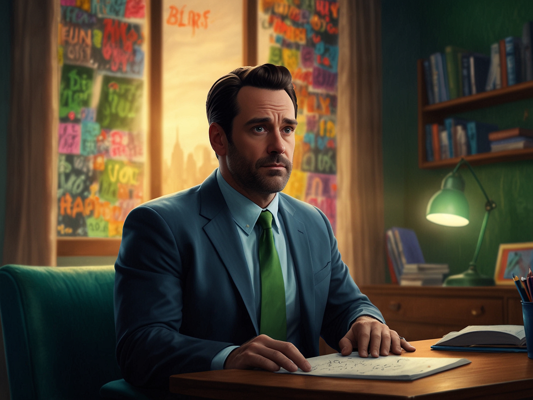 Paul Walter Hauser and Jon Hamm animated in a brainstorming session, conceptualizing the character of Envy within the vibrant, emotional backdrop of the Inside Out universe.