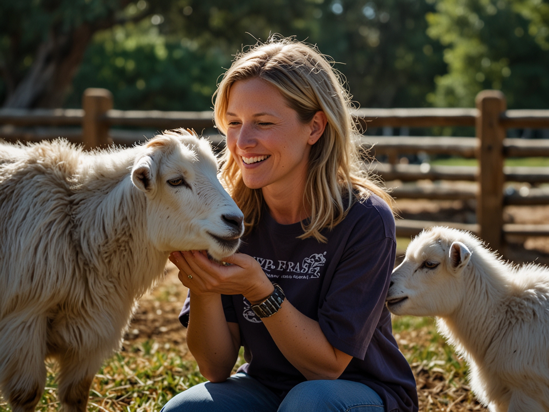 Tracy Stricklin enjoys petting a friendly goat at the 'Picnic with Goats' event at Cajun Corral Farm. The event allows visitors to connect with nature and experience the peaceful farm environment.