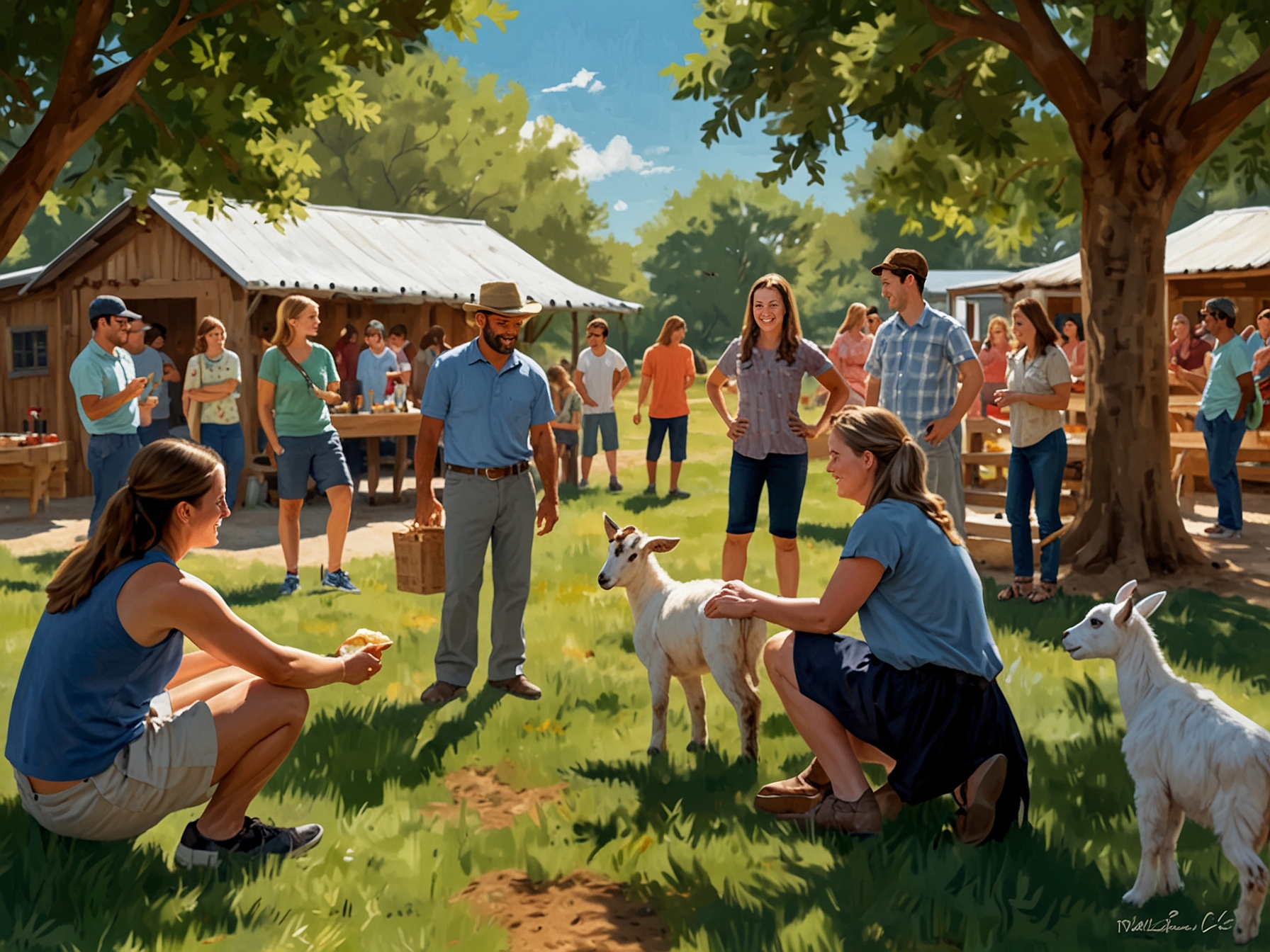 Children and adults gather in the shaded picnic area of Cajun Corral Farm, interacting with playful goats. These picnics offer educational sessions on goat care and sustainable farming practices.