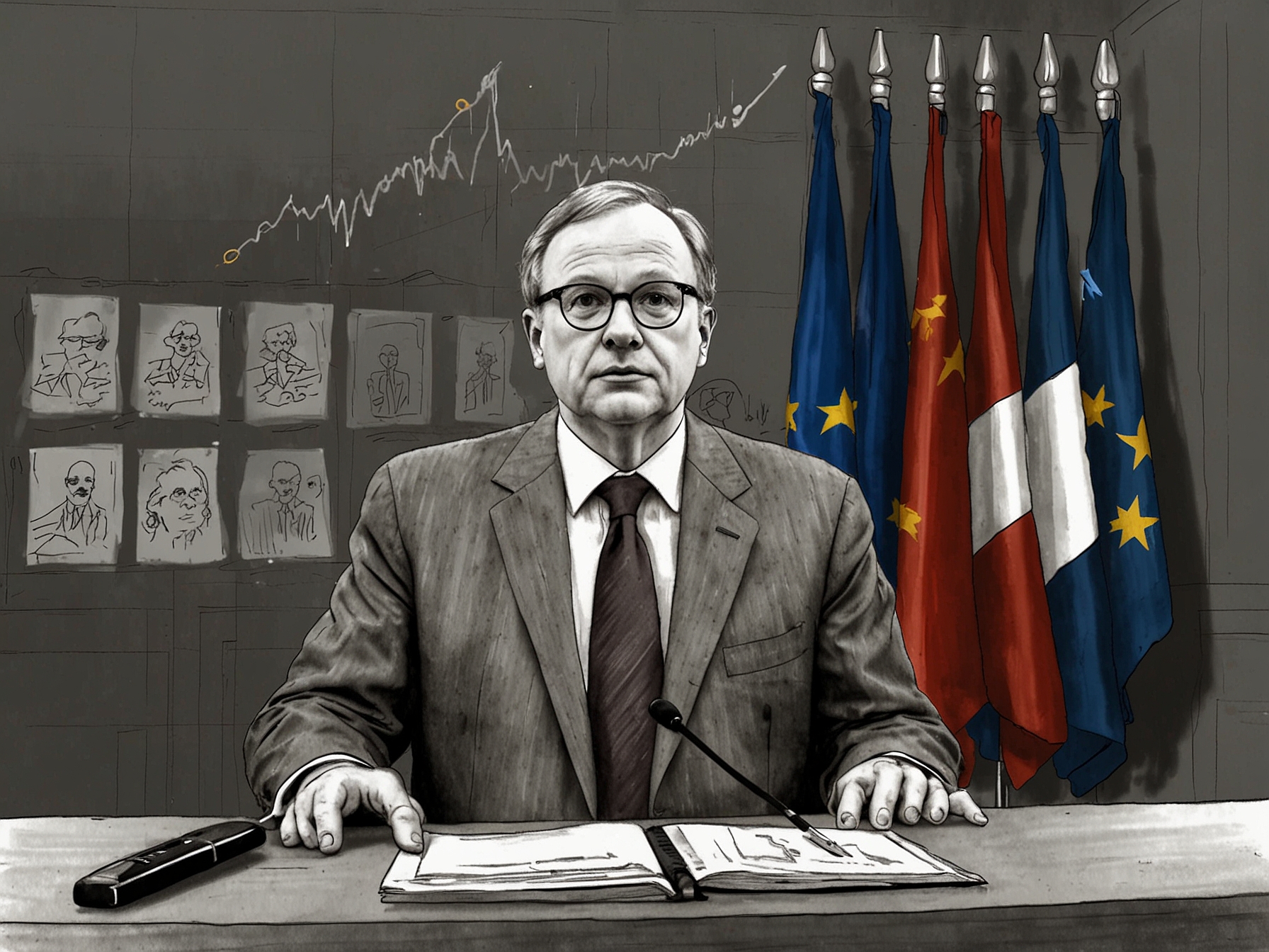 An image of Philip Lane, Chief Economist of the ECB, speaking at a press conference, emphasizing the stability and resilience of the French economy despite recent financial challenges.