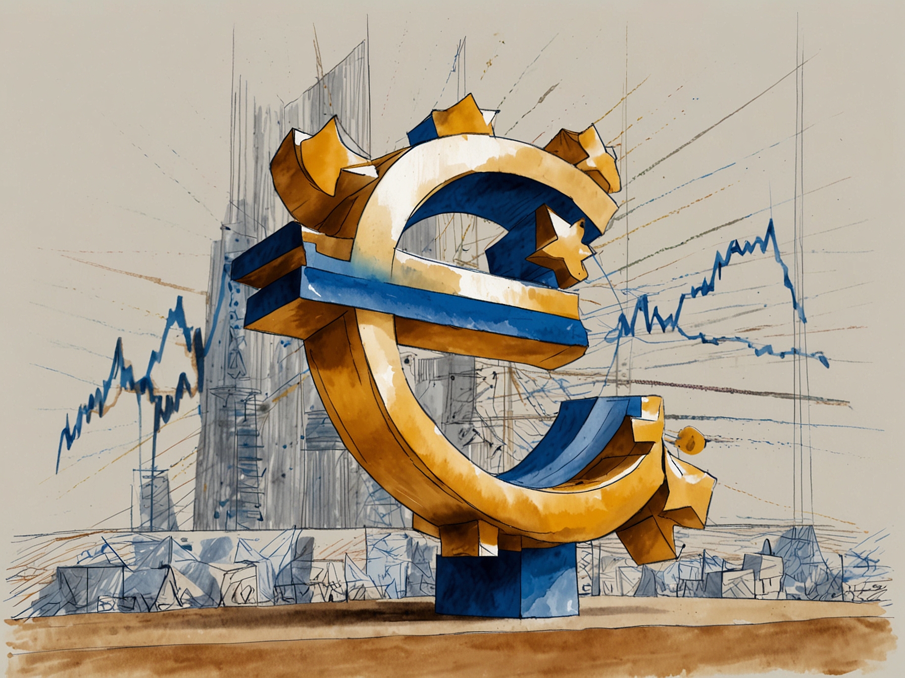 An illustration showing a stable financial market graph in the Eurozone, symbolizing the ECB's reassuring assessment of France's economic situation and the strength of regulatory frameworks.