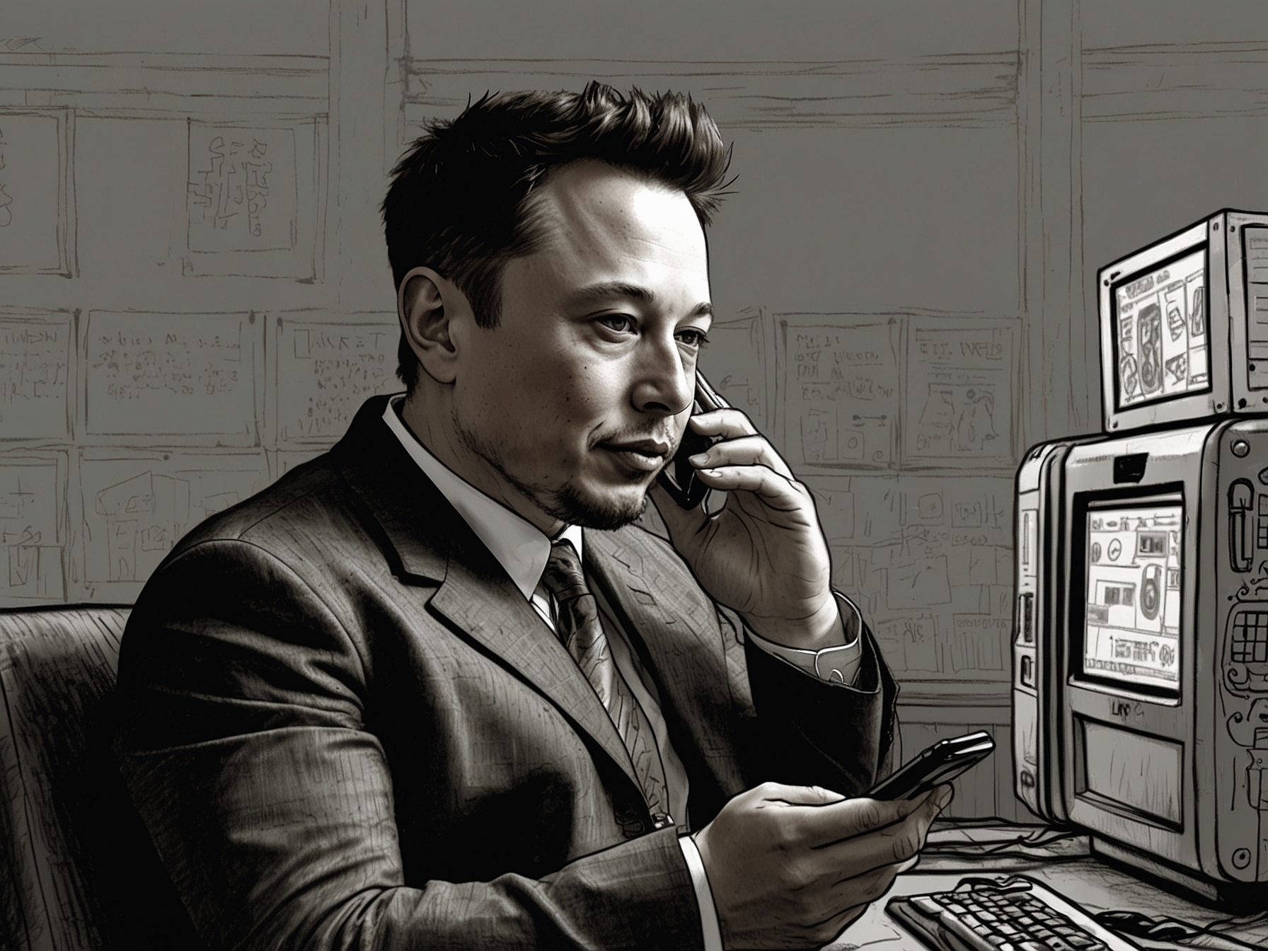 A depiction of Elon Musk tweeting on his phone, with a significant following reacting and discussing the potential for electronic voting machine hacking, highlighting the digital spread of the controversy.