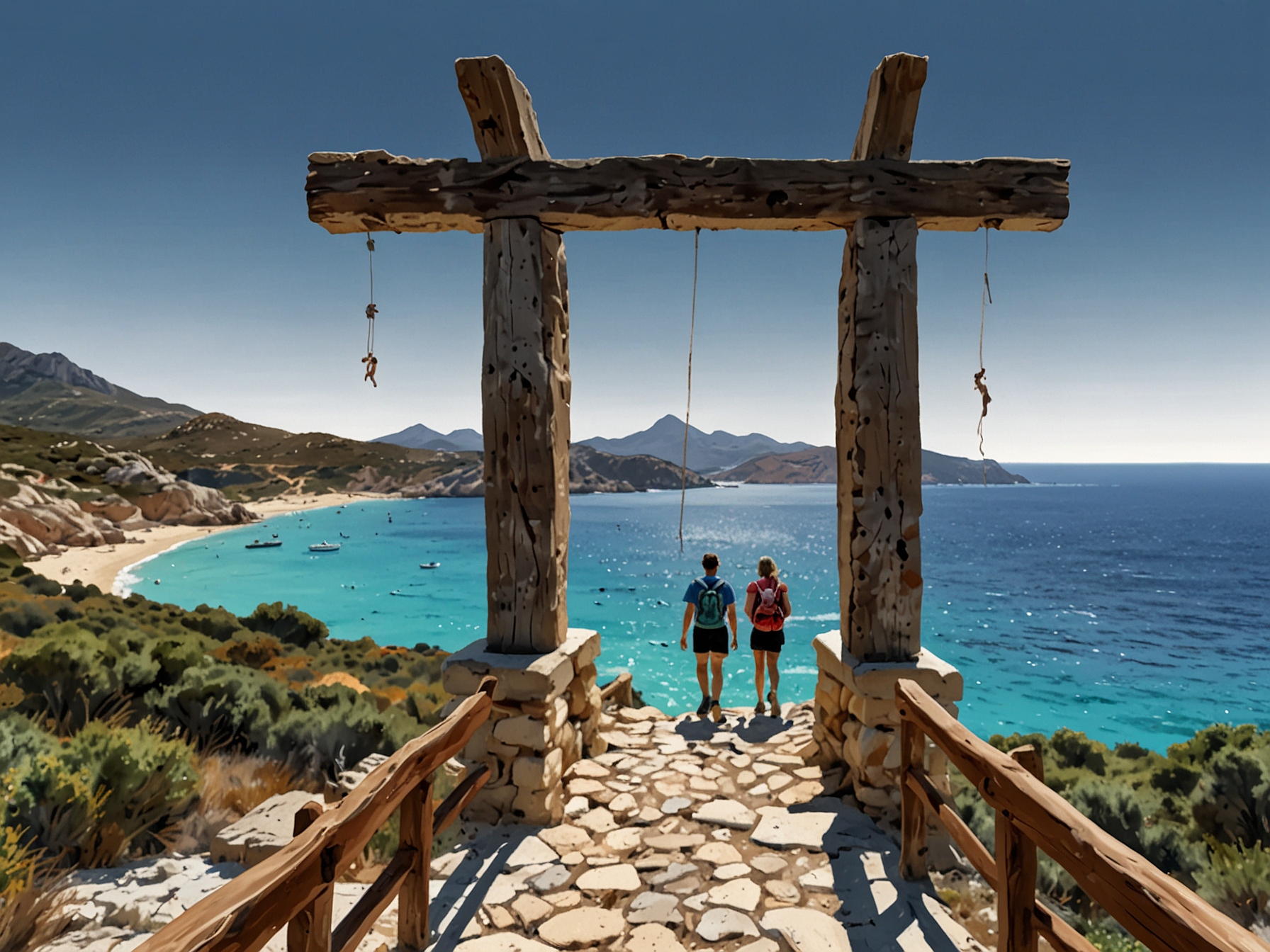 Tourists enjoying a hike along a picturesque Sardinian coastal trail with crystal blue waters and rugged landscapes in the background, showcasing the island's natural beauty.