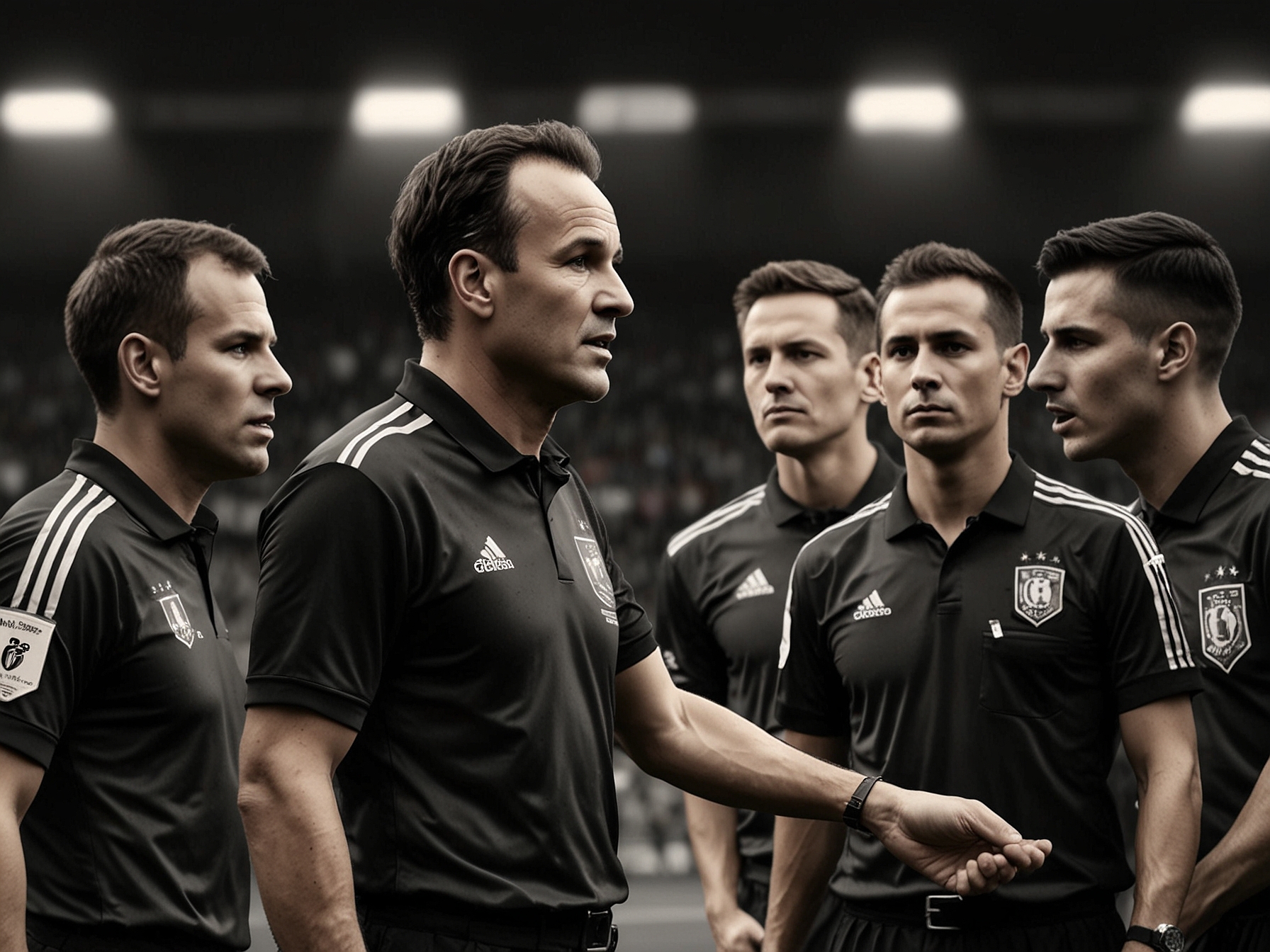 Referee Antonio Mateu Lahoz, surrounded by his assistant referees, prepares to officiate the high-stakes Belgium vs Slovakia match in Euro 2024.