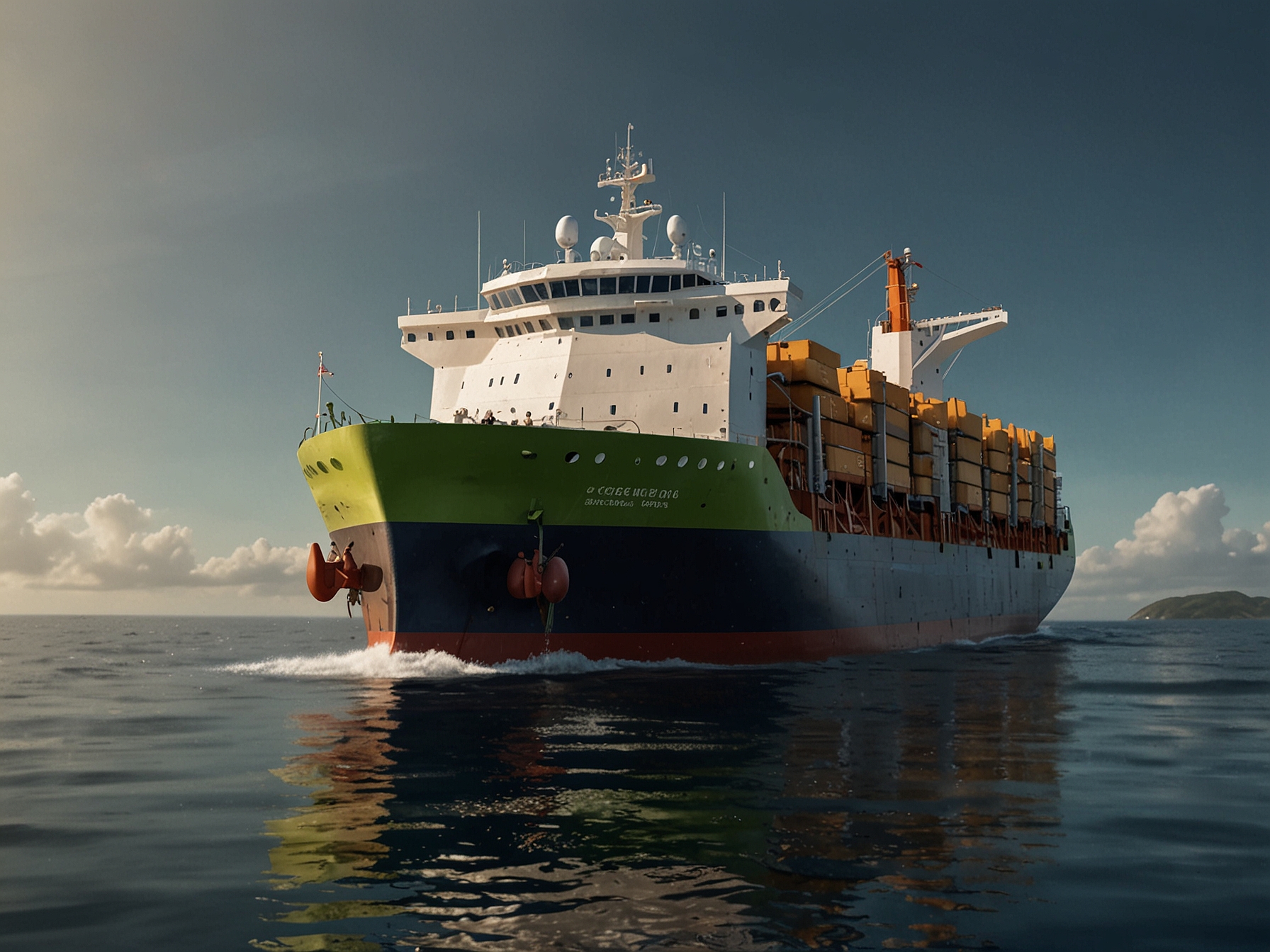 A shipping vessel using biofuel derived from cashew nut shells, representing the industry's efforts to explore sustainable energy alternatives and reduce carbon emissions.