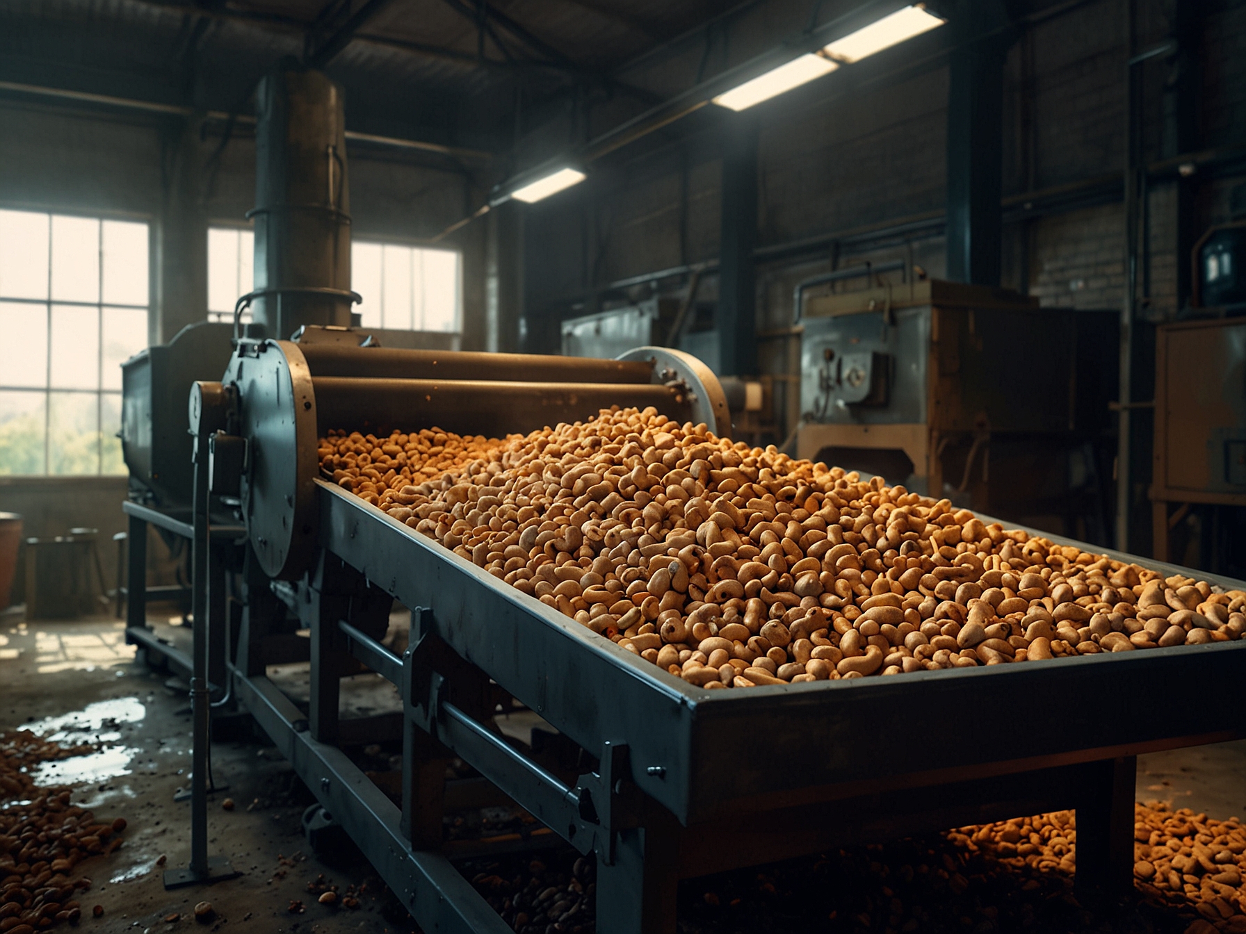 A close-up of cashew nut shells being processed through pyrolysis to create biofuel, showcasing the innovative technology behind converting agricultural waste to energy.
