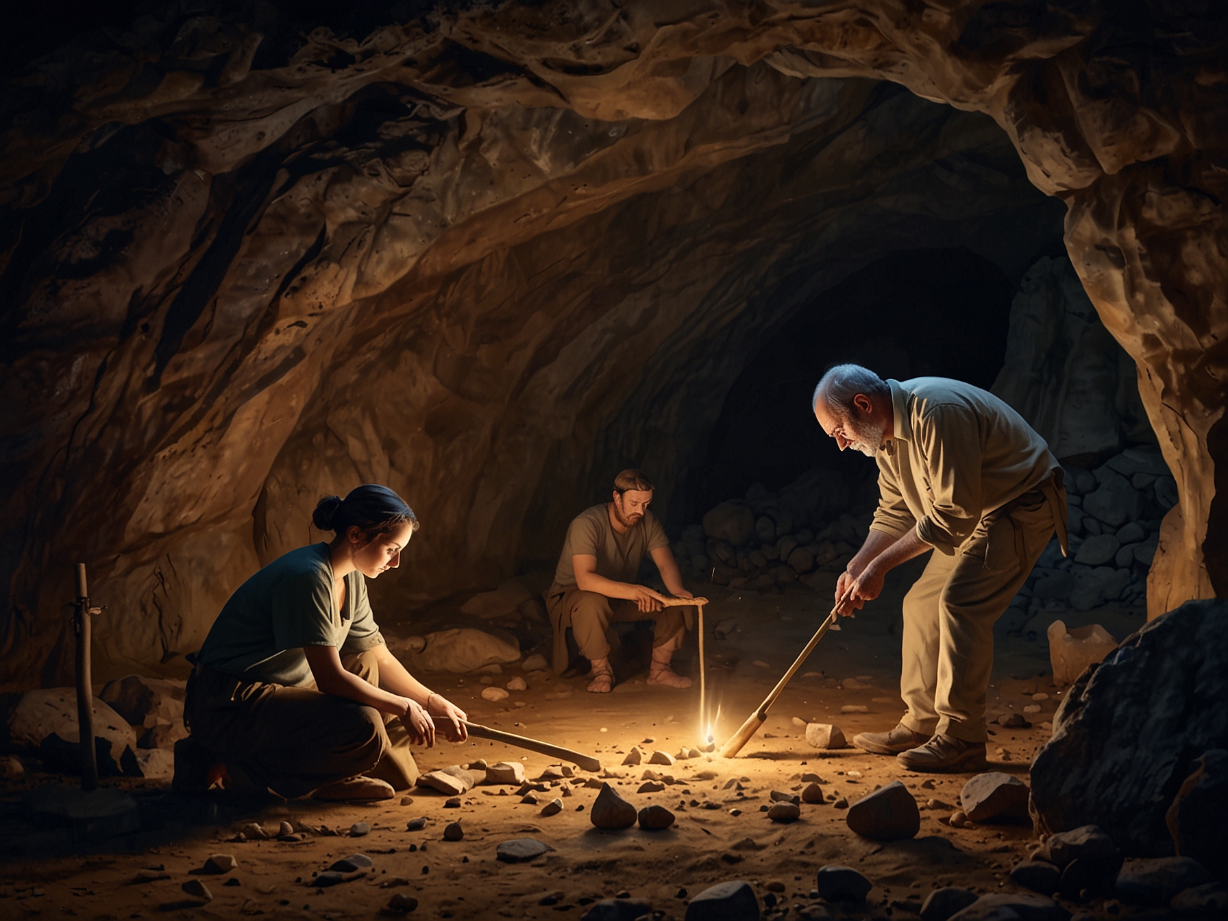 Archaeologists conducting excavations in the Chaves cave, examining faunal remains which reveal evidence of pig consumption and ancient butchery practices in Neolithic times.